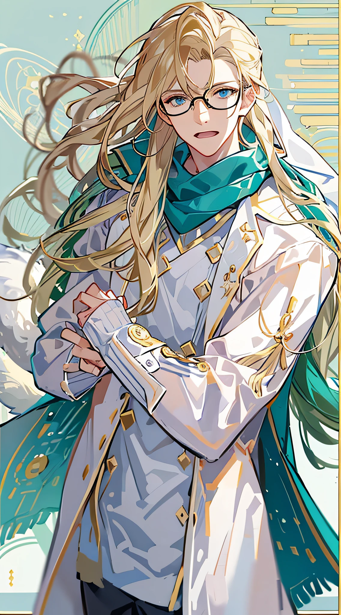 Best Quality, very detailed beautiful face and eyes, Long hair, Blonde tied hair, Blue eyes, flat chest, White coat, Small arm muscles, Male Hands, male eyebrows, Male Eyes, Half-closed eyes, sharp long nose, Men's Glasses, wearing shoes on feet, ((full length)), Black Gloves, Blue large scarf