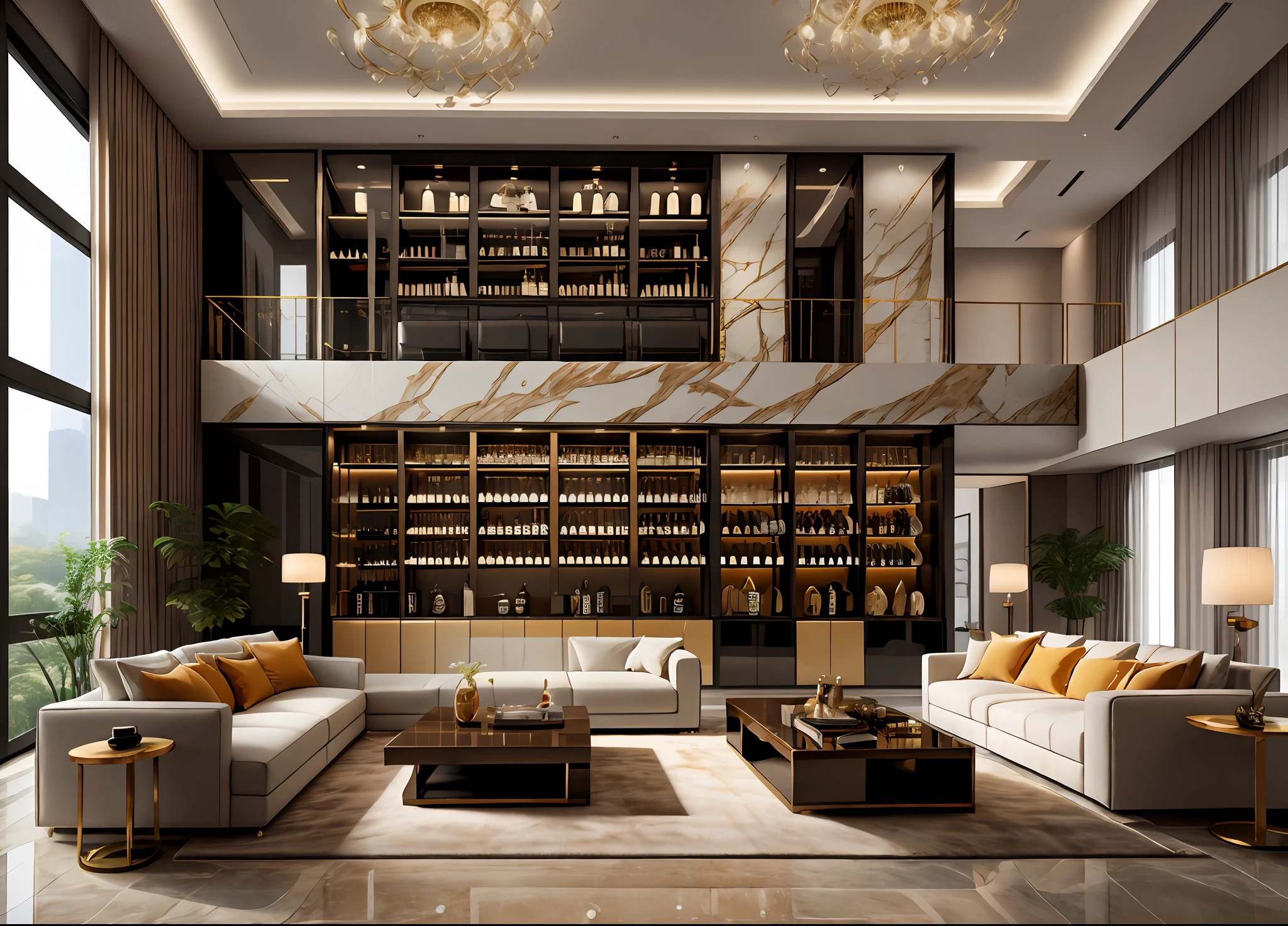 Ultra photo realsisim， tmasterpiece， best qualtiy， ultra - detailed， 超高分辨率， RAW photogr， 8K，
modern living room，modern living room，luxurious ambiance，A blend of minimalism and symmetry，Floor-to-ceiling windows are flooded with natural light。

Beautifully placed furniture in the center，Includes comfortable sofas and seats，Mild color。

Huge works of modern art hang on the walls，Bold colors，The artist's unique style。

The wall decoration is embellished with metal sculptures，Complement the mirrored wall，Broaden the sense of space。

Gorgeous ceiling design，The chandelier decoration is filled with warm and soft light。

The modern living room is equipped with high-tech entertainment equipment，Includes large curved TV and stereo。

The overall presentation is luxurious and comfortable，Provide the ultimate living experience
 masterpiece，Ultra photo realsisim，32k，the Extremely Detailed CG Unity 8K Wallpapers，best qualtiy