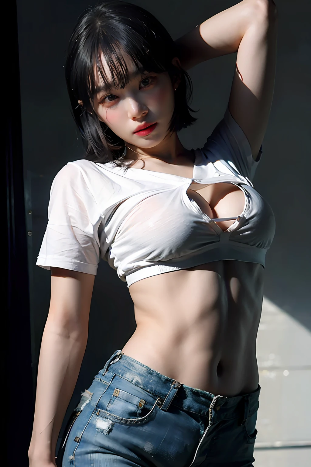 (masterpiece:1.2), (best quality:1.2), (extremely detailed:1.2), (extremely detailed face), (photorealistic:1.2), (ultra detailed), 1girl, closeup shot upshirt, underboob, loose white shirt, short jeans, (sexy panty straps:0.5),slim and petite body, medium boobs, short hair, arms raised, (full body:1.2), seductive pose, looking at viewer, (view from below:1.2), ulzzang-6500-v1.1