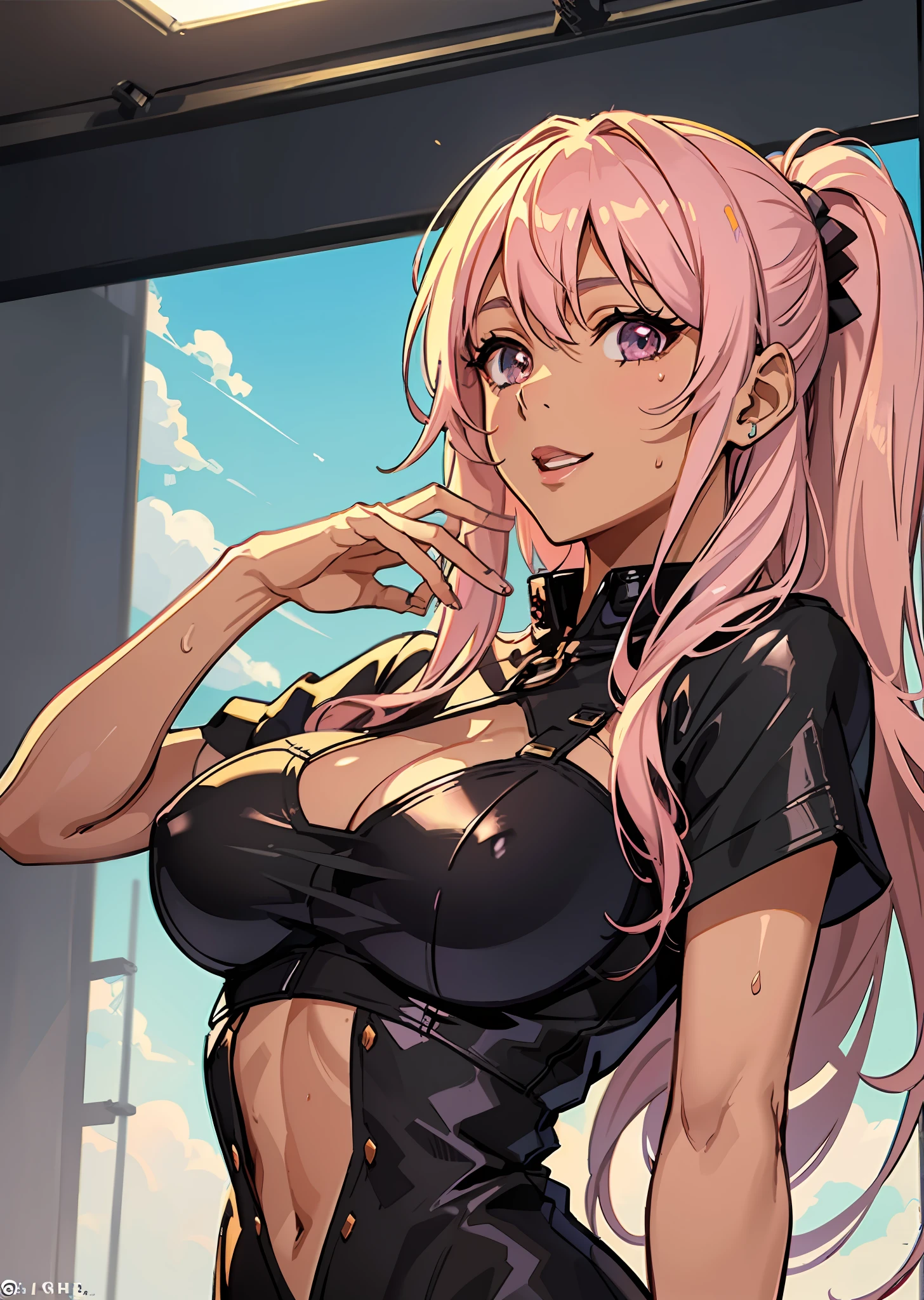 A woman in a black top and pink hair posing for a picture - SeaArt AI