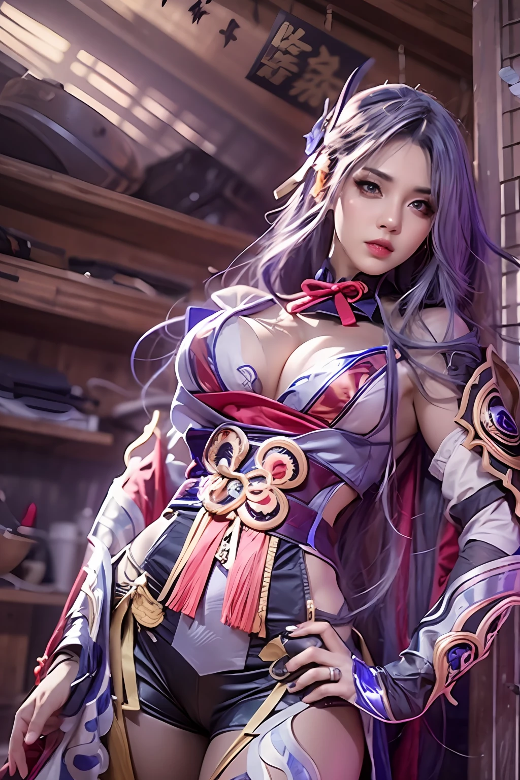 Photorealistic, high resolution, 1 girl, Hips up, Long hair, Beautiful eyes, normal , Raiden General costume is sexy,le bust,Full body like,Realistis,hyper realisitc,sexypostuSultry