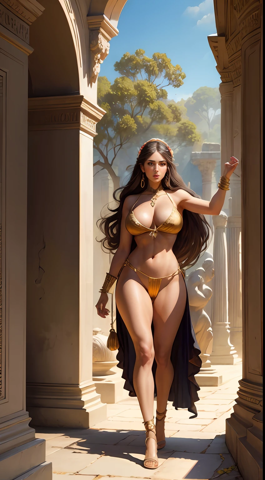 Lucy Pinder, beautiful, completely naked, voluptuous, walking in a temple, full body view, head to toe, breasts and  pubic hair visible, brown braided hair, gold bangles , flowers in hand, ancient ruins in background, front view, daylight, realistic, shade lights, high resolution, by Louis Royo, by Boris Vallejo, by Frank Frazetta