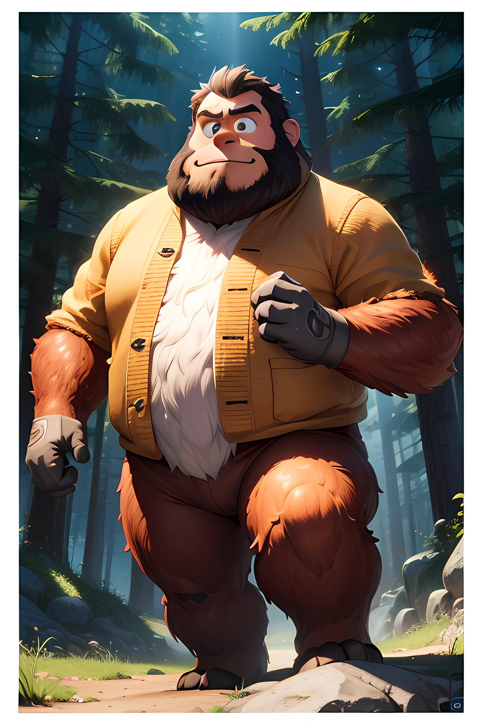 sasquatch estilo pixar (hiper realista:1.2), mascular, arte oficial, Unity 8k papel de parede, ultra detalhado, esthetic, obra-prima, melhor qualidade, fotorrealista, tema claro o sorriso cordial , corpo todo