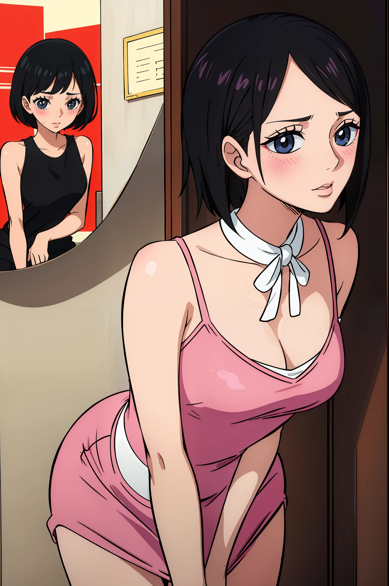 with short black hair,Cute girls,sensual lip,Astringent,Blushing and shy,Cool drag