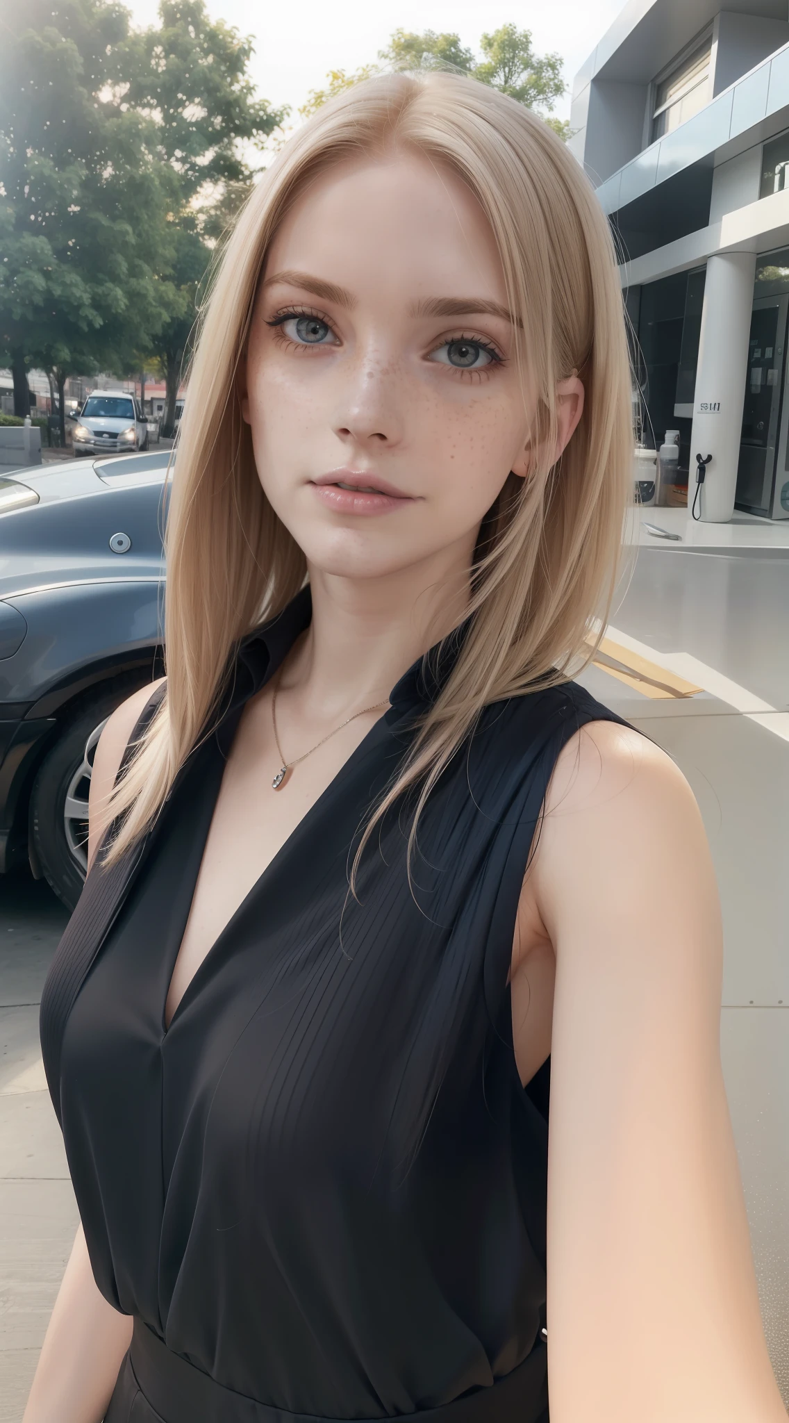 Rosto de uma mulher, americana, 25 anos, pale skin and freckles, olhos cinzas, nariz delicado, soft and delicate lips, cabelo blondie cinza longo e ondulado, ultrarrealista HD fotorrealista altamente renderizado sorriso perfeito