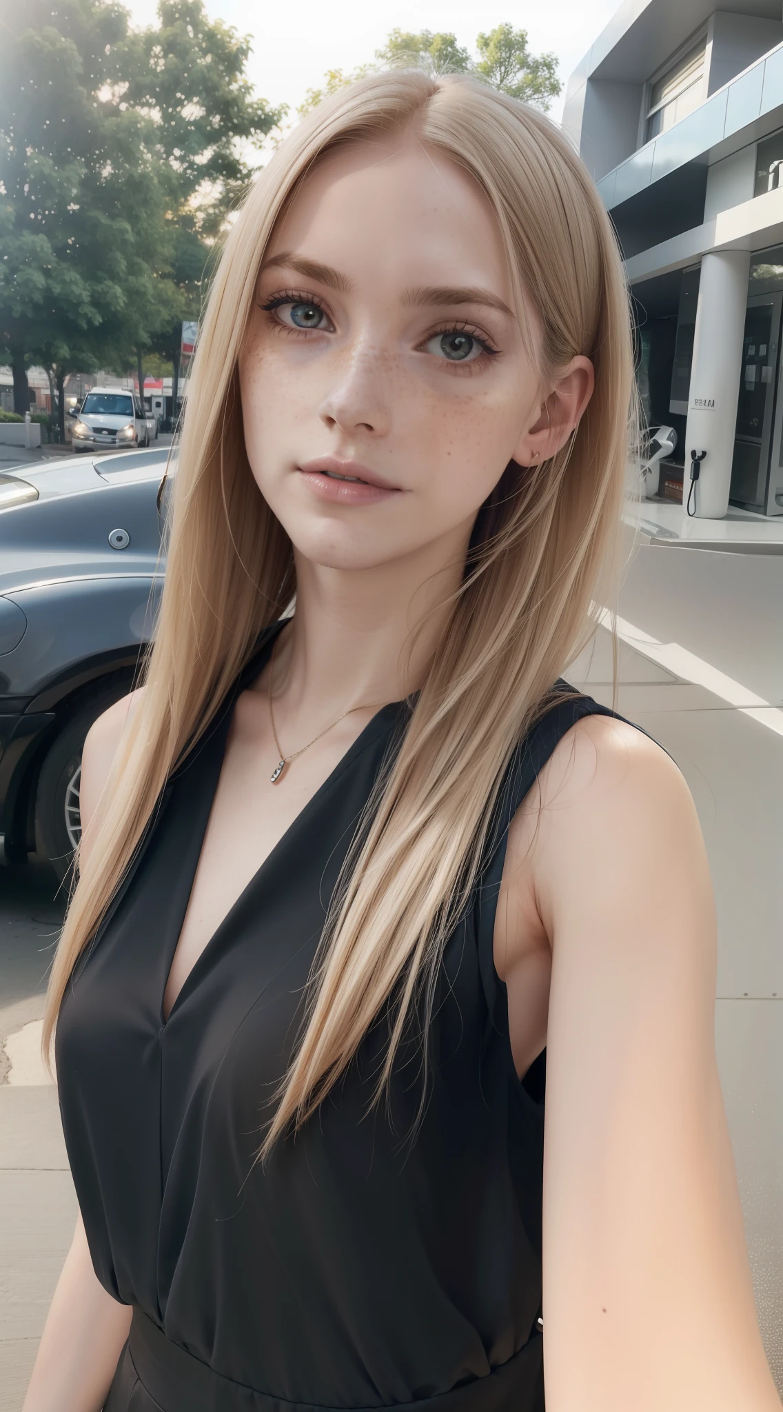 Rosto de uma mulher, americana, 25 anos, pale skin and freckles, olhos cinzas, nariz delicado, soft and delicate lips, cabelo blondie cinza longo e ondulado, ultrarrealista HD fotorrealista altamente renderizado sorriso perfeito