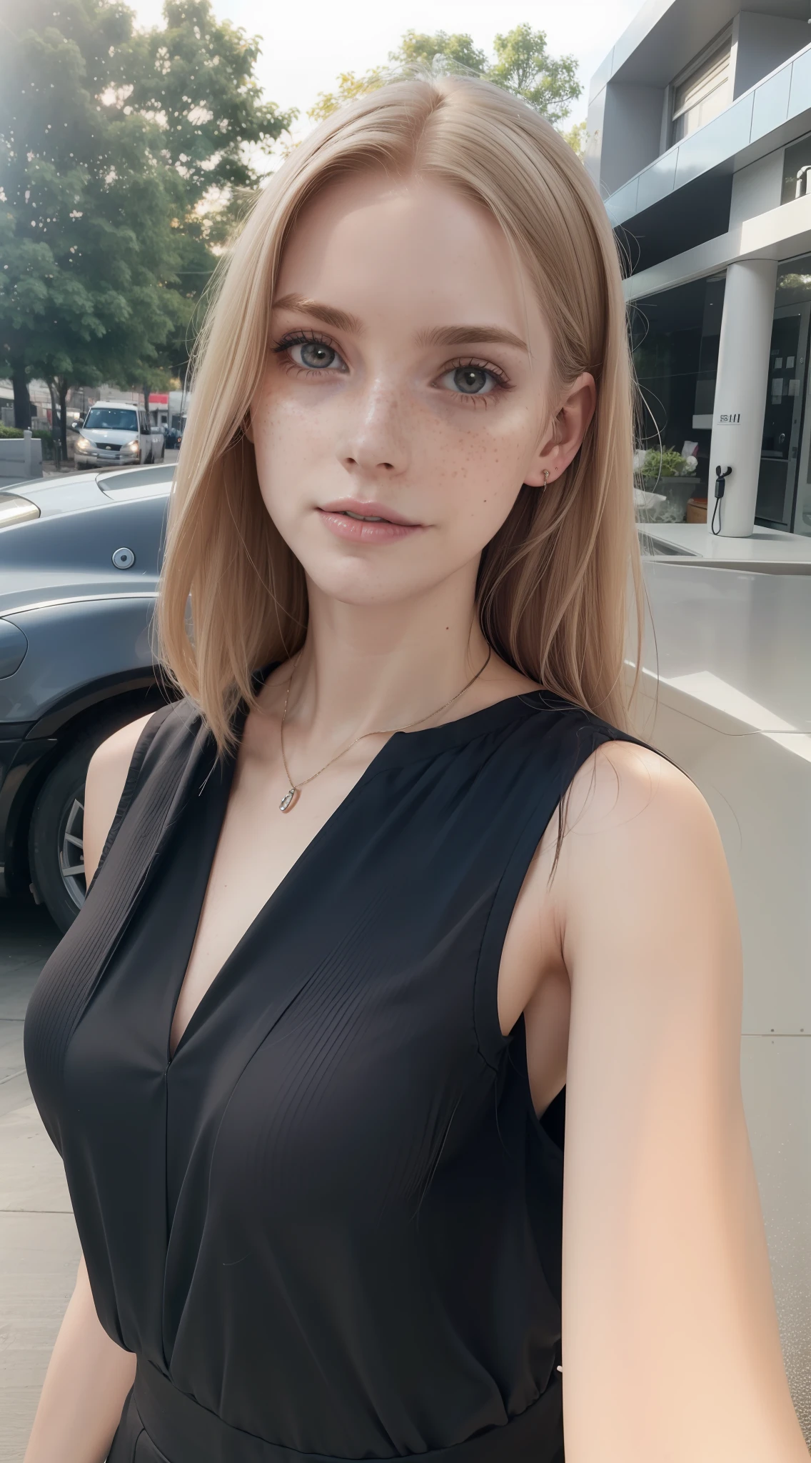 Rosto de uma mulher, americana, 25 anos, pale skin and freckles, olhos cinzas, nariz delicado, soft and delicate lips, cabelo blondie cinza longo e ondulado, ultrarrealista HD fotorrealista altamente renderizado sorriso perfeito