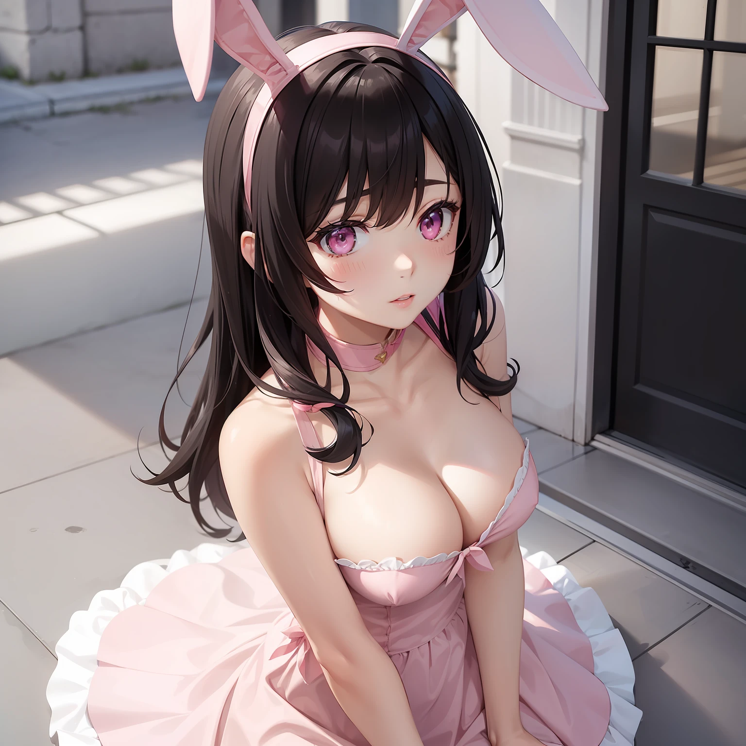 a women, pink bunny ears, black hair, pink eyes, pink dress