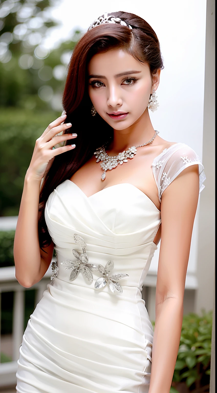 Fashion model 18 years old [[[[closeup cleavage]]]], [[[[boobgasm]]]], [[[[coll]]]], [[[[bshoulders]]]], perfect  eyes, Perfect iris，Perfect lips，perfect teeth，Perfect skin，Long face，slender nose，Soft front light，hdr，Movie girl，on cheongsam，long whitr hair，Long hair with a shawl，Long hair like a waterfall，Green trees and flowers in the background，（pastel colour：1.2）