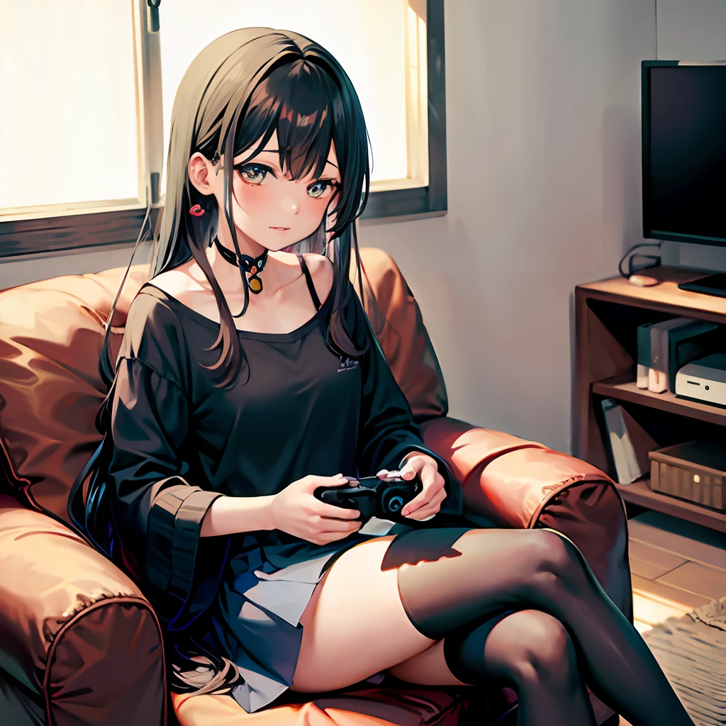 Anime girl, collarbone, holding, game controller, black legwear, chair, indoors, blue shirt, armchair, blue skirt, black hair, camera, controller, gamepad, blush, game console, bangs, couch