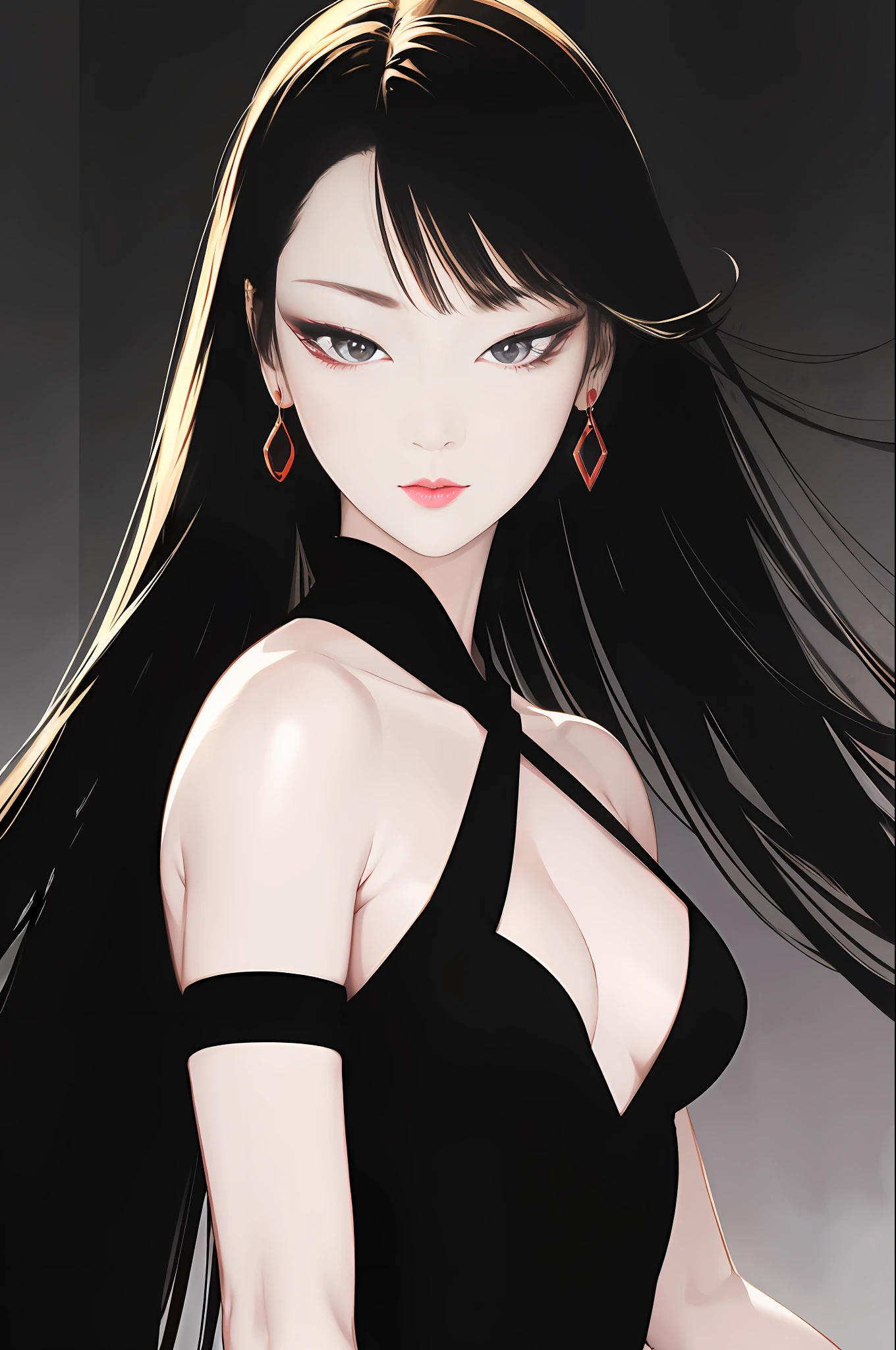 tsuruta ichiro, Narrow-eyed, 1girl in, Dynamic angles、Luxurious dresses,deadpan、short-hair、shorth hair、brow、A dark-haired、Tucked Hair Solo, ((mideum breasts)), ( Thin slit eyes)、Black eyes, Light shines on the eyes、Black hair, gloves, Dress, Luxurious Jewelry, earrings, sharp eye、 elbow groves, Makeup for long eyes, (Slender eyes)、lip stick, Rim Light, Back Light, Studio Lighting,unity 8k wall paper、ultra-detailliert、Beautifully Aesthetic、masterpiece、top-quality、ighly detailed、The most beautiful forms、elegent、
