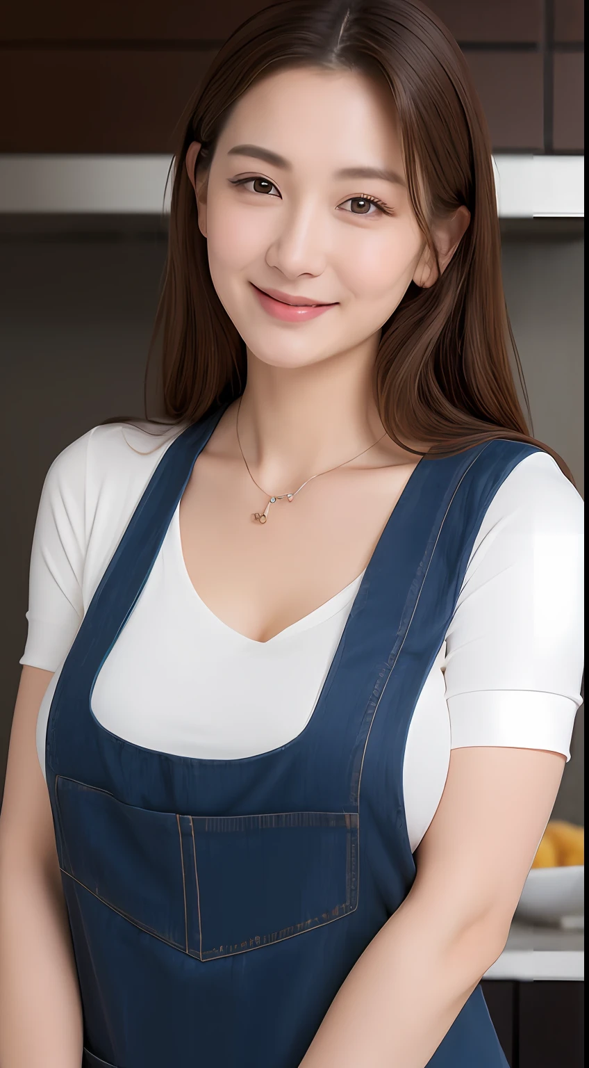 (Best quality, 8k, masterpiece: 1.3), a beautiful woman with perfect figure: 1.4, dark brown hair, wearing a pendant, wearing an apron, in the kitchen, highly detailed face and skin, detailed eyes, double eyelids, big breasts, smile