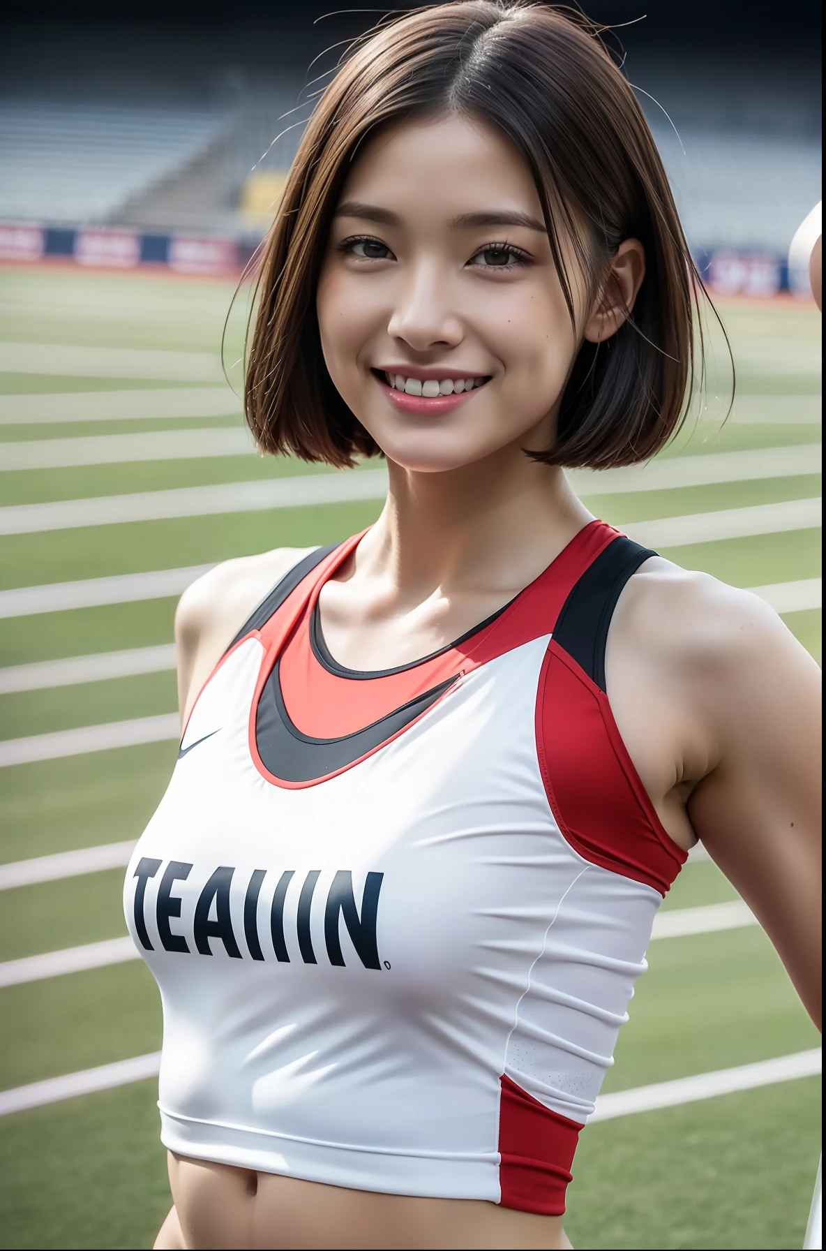 (((full bodyesbian)))、1 Beautiful Girl、((Track & Field Athletes Women))、(((1人)))、((Short-cut hairstyles))、Competition uniforms、((stadium))、Transcendent cute、A slight smil、Beautiful breasts、full bodyesbian、hairarmpits、athletic field、((Outstanding style))、((Healthy body))、 、Women in Japan、Photorealsitic、Beautiful detailed eyes、Hyper-Realism、highcontrast、Ultra HD、realistic skin textures、Top image quality、top-quality、超A high resolution、Fine details、Very meticulously