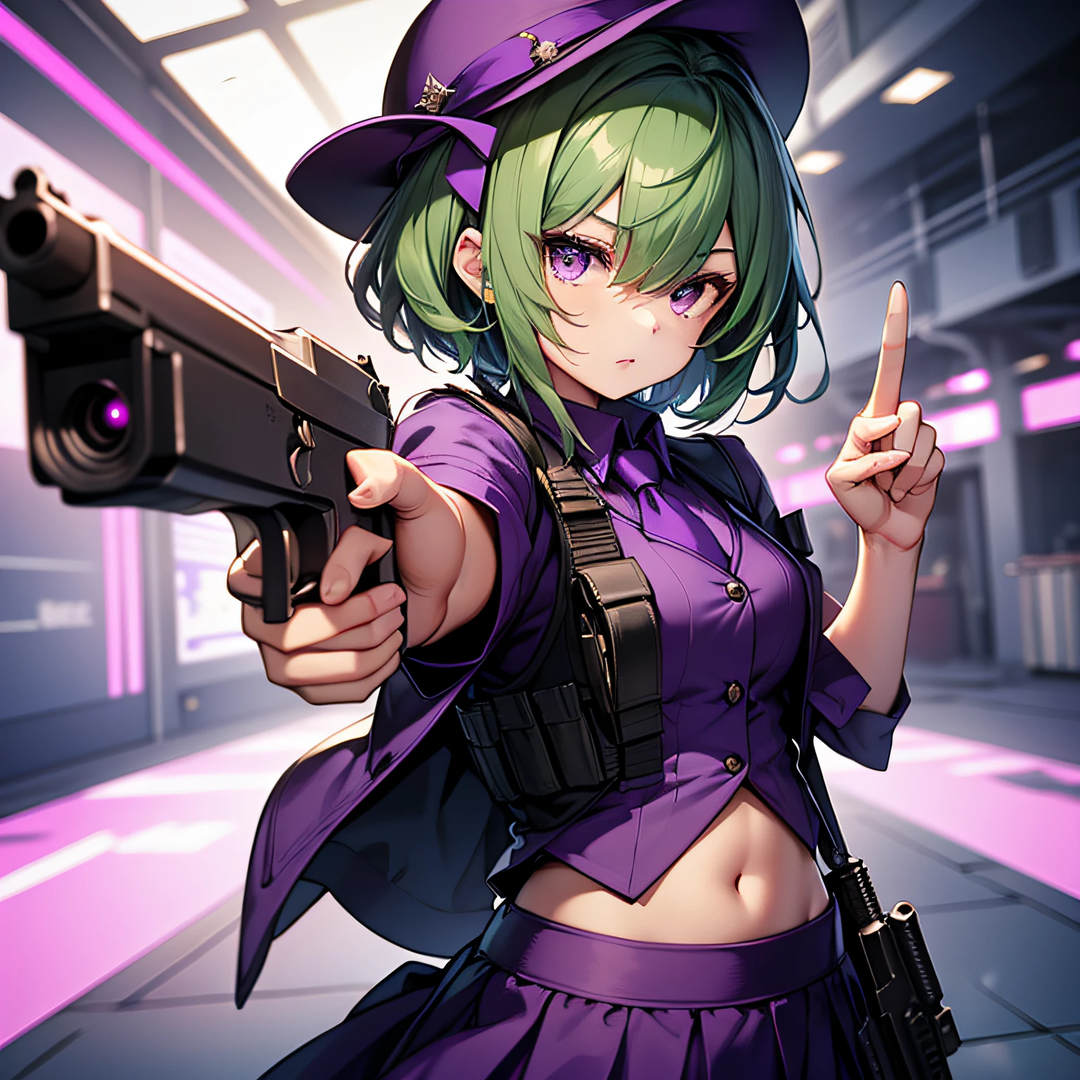 top-quality、extremely delicate and beautiful、(A age girl)、Purple Eye、Green hair、short-haired、(Purple pointy hat)、Purple tie、Soio、shortsleeves、Purple skirt、Navel,Tactical Vest、shortsleeves、Purple skirt、(Holding a pistol in his right hand)、((Pointing the gun to the front))