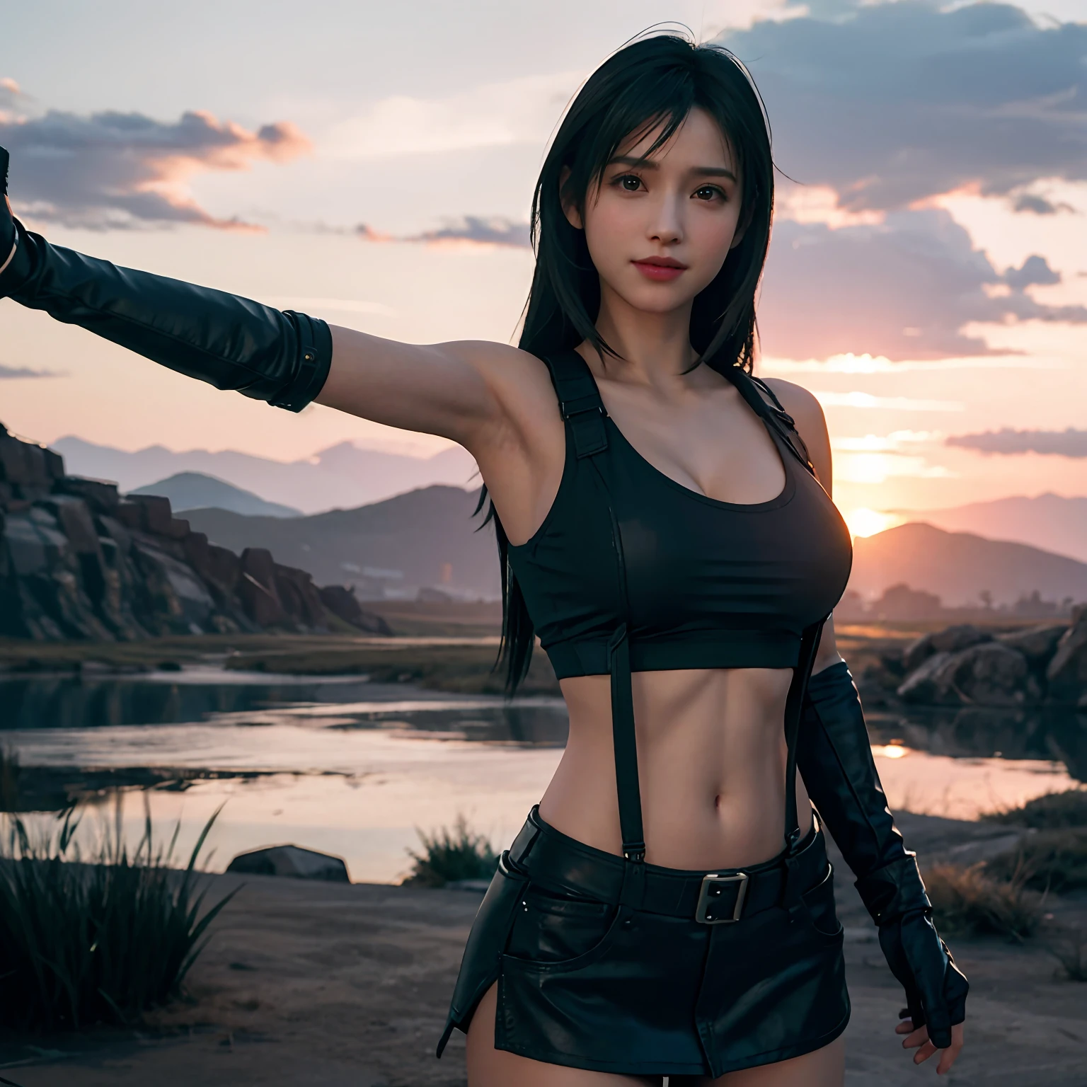 (Photorealistic: 1.4), top quality, very delicate and beautiful, high resolution, 1girl, tifa_lockhart, smile, cowboy shot, suspenders, low rise, mini skirt, tank top, tense shirt, black hair, long hair, elbow gloves, beautiful detailed red eyes, face light, movie lighting, navel, high exposure, abdomen exposure, ribs, abs, ( gigantic breasts: 1.2), dynamic poses,