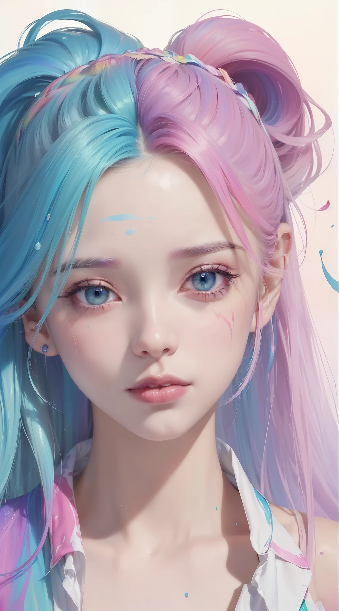 (Pink Fashion T-shirt:1.9),(Colorful hair: 1.8), (all the colours of the rainbow: 1.8),(((((vertical painting:1.6))), (painting:1.6),front, comics, illustrations, paintings, large eyes, crystal clear eyes,( rainbow color gradient high ponytail:1.7), exquisite makeup, closed mouth,(Small Fresh: 1.5),(Wipe Chest: 1.6) ,long eyelashes, white off shoulder T-shirt, White Shoulder Shirt,looking at the audience, large watery eyes, (rainbow colored hair:1.6), color splash, (solo:1.8), color splash, color explosion, thick paint style, messy lines, ((shining)),(colorful), (colorful), (colorful), colorful, Thick Paint Style, (Splash) (Color Splash), Vertical Painting, Upper Body, Paint Splash, Acrylic Pigment, Gradient, Paint, Highest Image Quality, Highest Quality, Masterpiece, Solo, Depth of Field, Face Paint, colorful clothes, (Elegant: 1.2), gorgeous,long hair, wind, (Elegant: 1.3), (Petals: 1.4),(((masterpiece))),(((best quality))),((ultra-detailed)),(illustration),(dynamic angle),((floating)),(paint),((disheveled hair)),(solo),(1girl) , (((detailed anima face))),((beautiful detailed face)),collar,bare shoulders,white hair, ((colorful hair)),((streaked hair)),beautiful detailed eyes,(Gradient color eyes),(((colorful eyes))),(((colorful background))),(((high saturation))),(((surrounded by colorful splashes))),