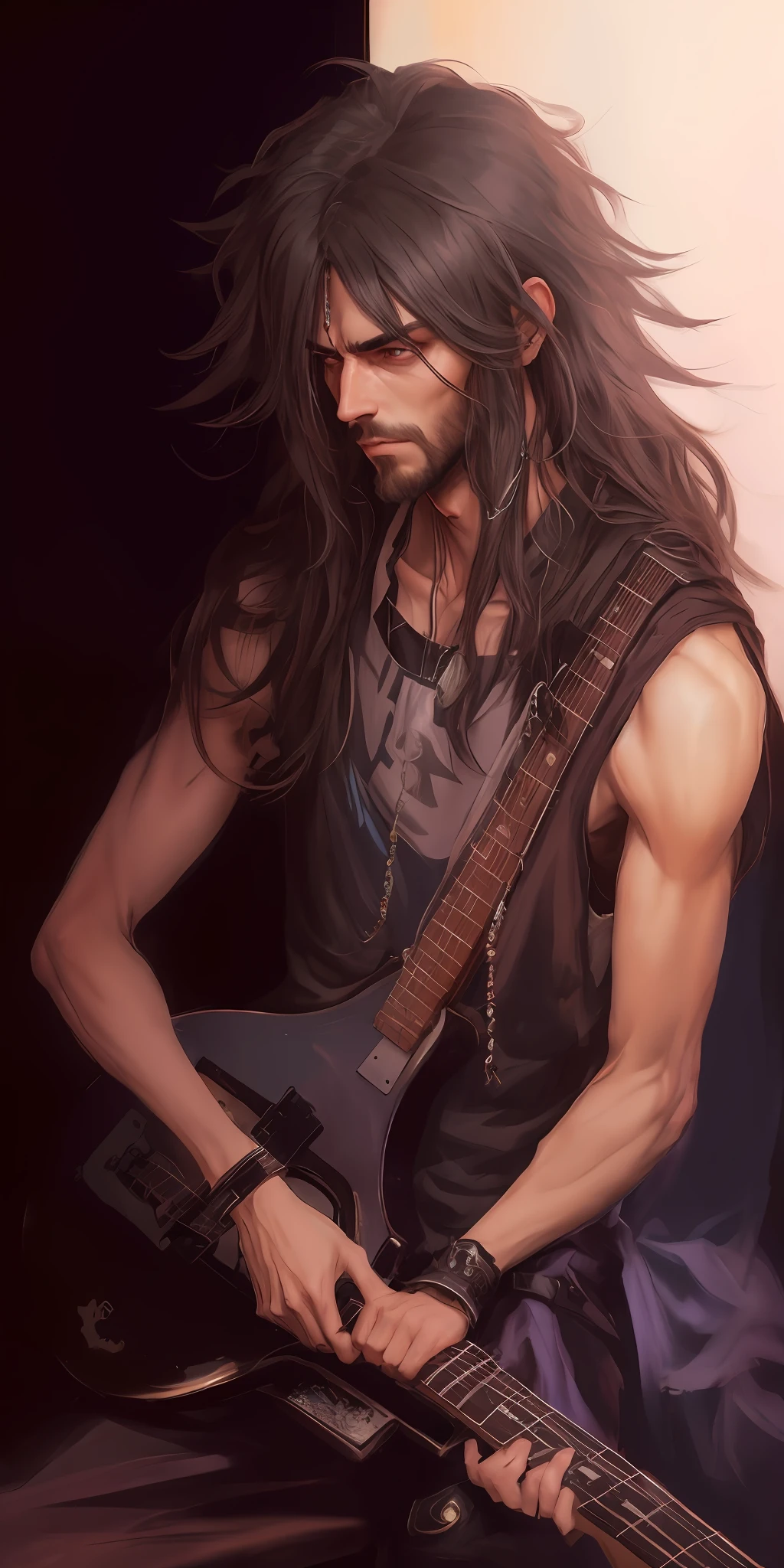 Image of a thin man with a guitar in his hands, Johnny Silverhand,olhos detalhdos Barba grande e descuidada, Guitarrista barbudo, roupa rasgada por Shitao, inspirado em Ren Bonian, por Yang J, roqueiro de cabelos longos e desgrenhados, um bardo humano, fan art, fanart detalhado, Art not Guweiz style, Fanart, Directed by: Ni Yuanlu