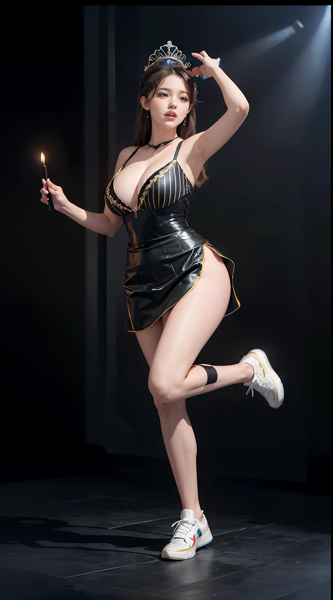 Surrealist women by David Hockney and Alphonse Mucha，Fantasyart，photographrealistic，动态照明，art  stations，poster for，huge tit！torches，torchan，Stage，perform，theater，Volumetriclighting，Tall beauty，body high，Very detailed faces，4 k''，1girll，Stage，low tune，facial closeups,(Yellow-black striped ballet costume，short transparent dress，Superskirt，Bunny Girl tiara，White sneakers，cleavage:1.4), updo hair，lots of people，Redlip，ssmile，low chest，deep v big breasts，huge tit，Raised sexy，Bigchest，Large breasts，Breast swelling，Raised chest，blackstockings，Breasts are plump，crisp breasts，A plump chest，the breasts are large，Seductive expressions，Wear earrings，The skirt floated，Hair flowing up，Fairy under fan，wearing a choker，Wear a bracelet，The stands up，standing on your feet，long leges，blackstockings，Wet all over，Moisturizes the whole body，huge tit，Red lips，Curvy beauty，Female beauty，stocklings，gigantic cleavage breasts，black lence stockings，slenderlegs，Hot dance，ballet dance，Ballerina，full bodyesbian，beautifullegs，Dance，gracefulness，soft，softness，samba，samba，Noble，Rich，largeeyes，eye shadows，Long legs，beautifullegs，Thin leg，split，splitting legs，Dance，Dancer，split，Aerial capture，Jump up，Suspended in the air，Dancing in the air，The legs are long，Skirt bottom，Curvy beauty，Kicking