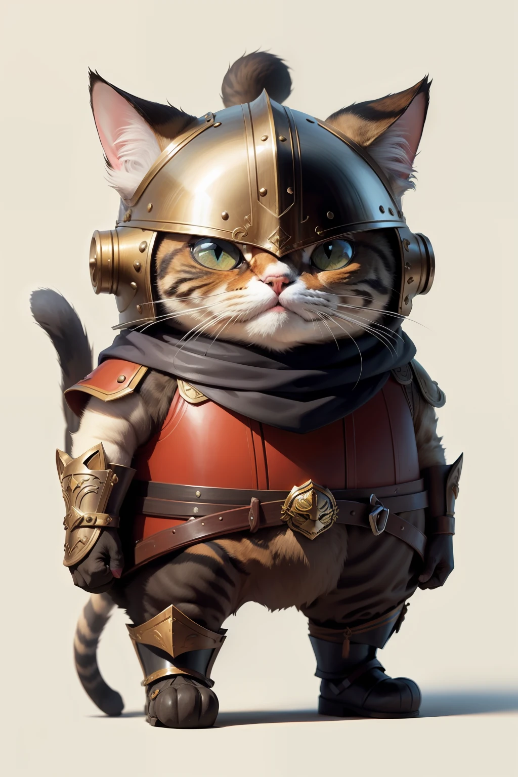 There is a cat wearing a European medieval warrior helmet,Line drawing,Happy facial expression,with a big head,cartoony,standing full-body
