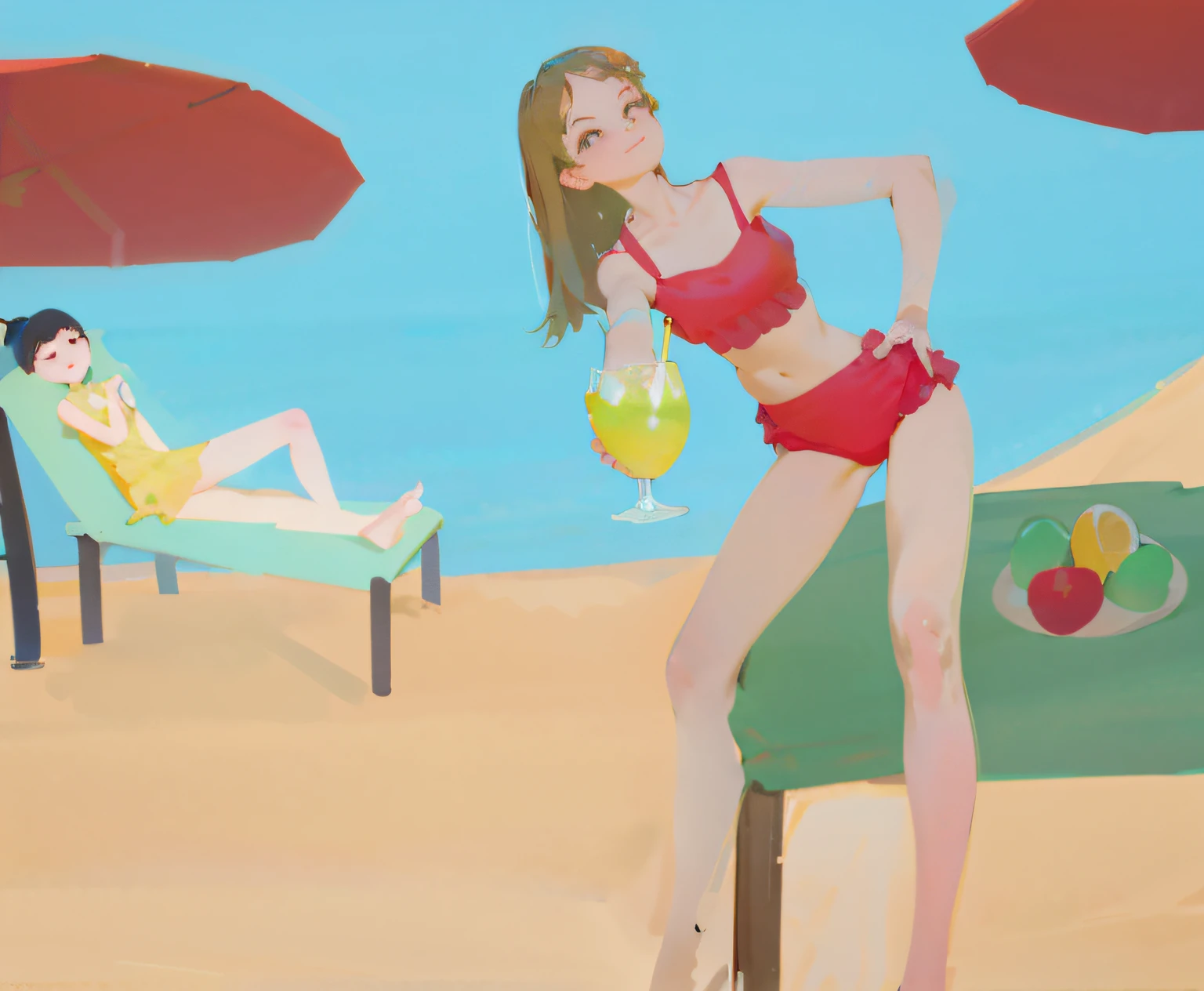 During a beach holiday，A woman in a red bikini holds a drink，The girl lying on the recliner behind her was wearing a yellow bikini and holding a drink in her hand，Enjoy the sunny days。The view on the beach blends perfectly with the illustration of the beach girl，Show the style of digital illustration。