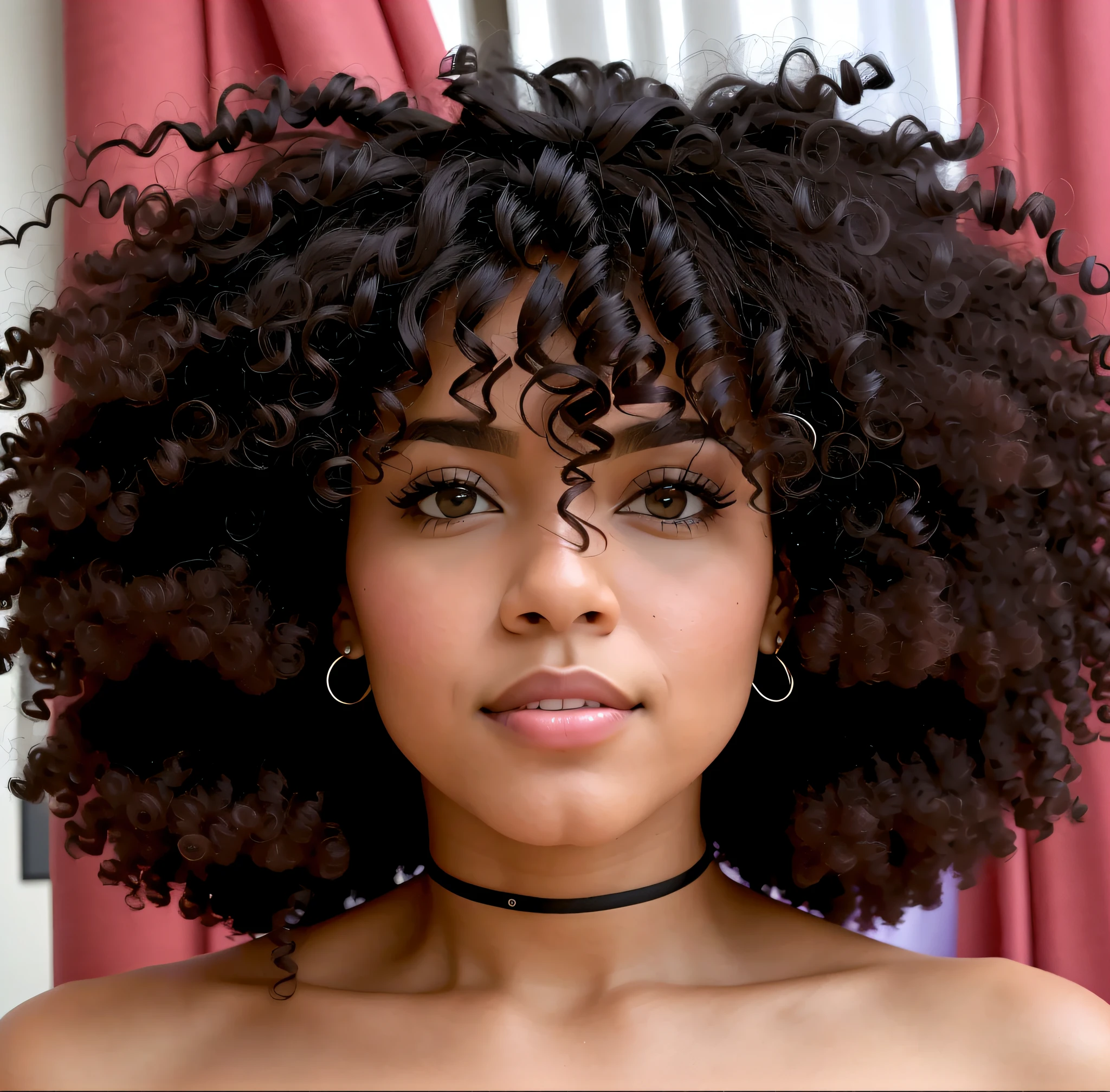 There is a woman with a very large afro wearing a chokehold, franja encaracolado, cabelo encaracolado preto, cabelos negros cacheados, afro encaracolado, seu rosto emoldurado com cachos, cabelos cacheados, retrato altamente detalhado, foto de retrato detalhada, retrato detalhado, cabelo afro, cabelos escuros cacheados, cabelo curto preto encaracolado, curly hair, retrato de alta qualidade, encaracolado, cachos por cima, retrato bonito detalhado