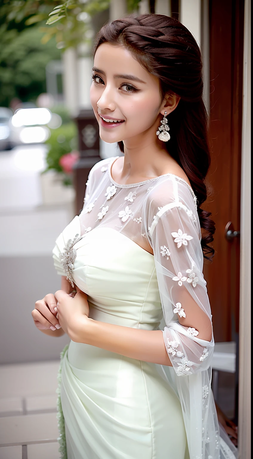 Fashion model 18 years old [[[[closeup cleavage]]]], [[[[boobgasm]]]], [[[[coll]]]], [[[[bshoulders]]]], perfect  eyes, Perfect iris，Perfect lips，perfect teeth，Perfect skin，Long face，slender nose，Soft front light，hdr，Movie girl，on cheongsam，long whitr hair，Long hair with a shawl，Long hair like a waterfall，Green trees and flowers in the background，（pastel colour：1.2）