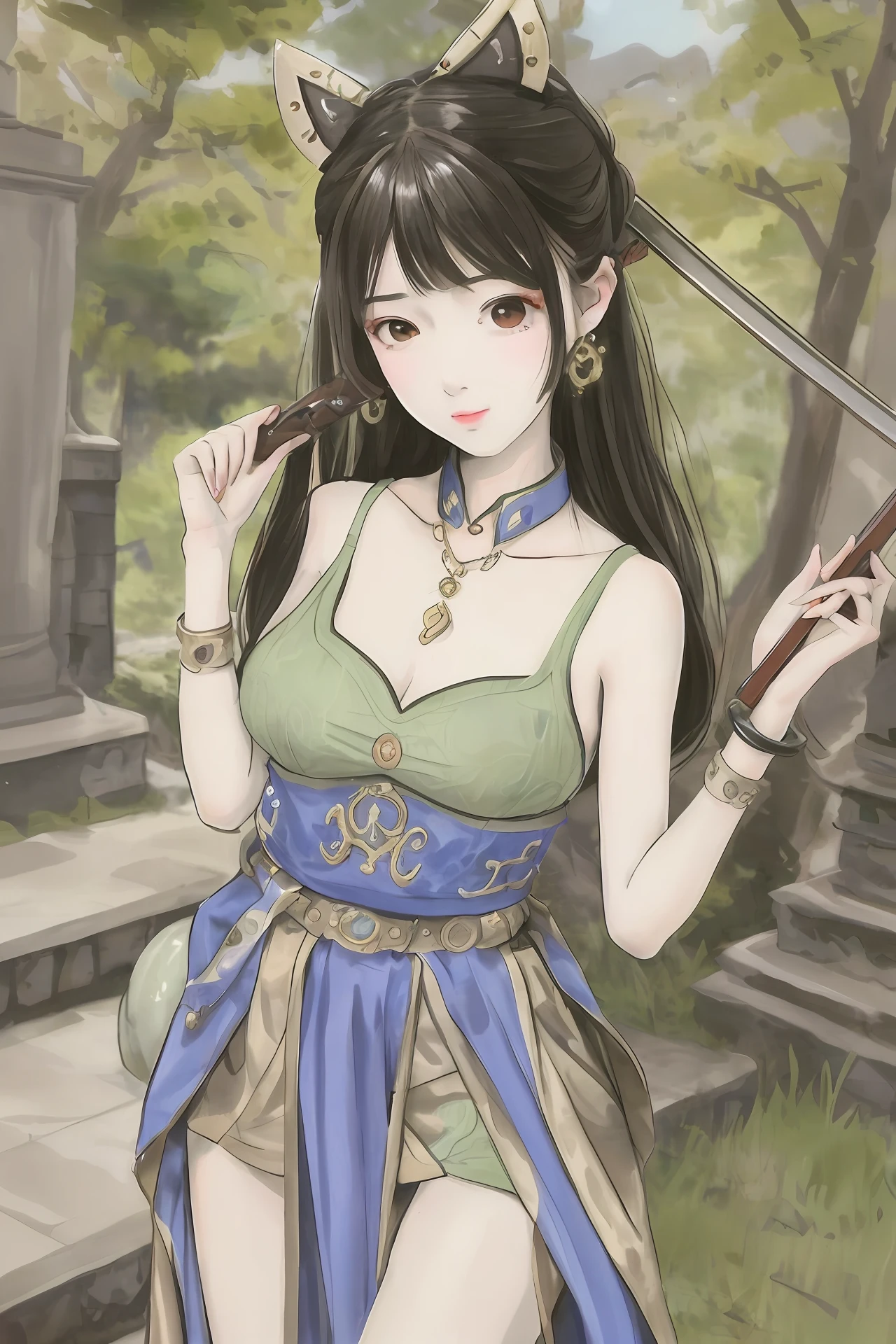 Carrying a lute,Then there is a sword on her waist and a girl in ancient costume with jade pendant