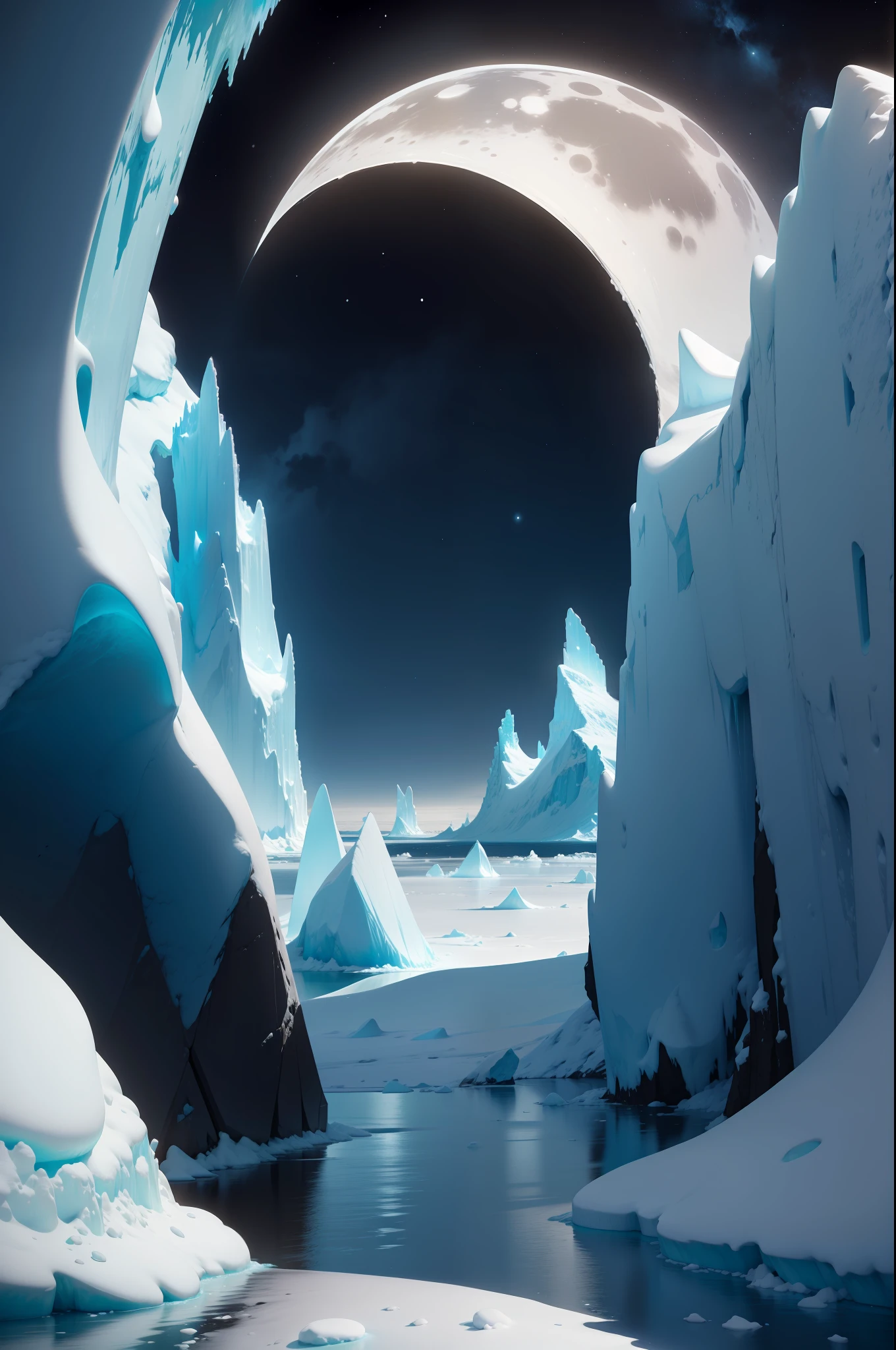 Icebergs of the polar regions，moon full，extreme light，Magnificent，The beautiful，tmasterpiece
