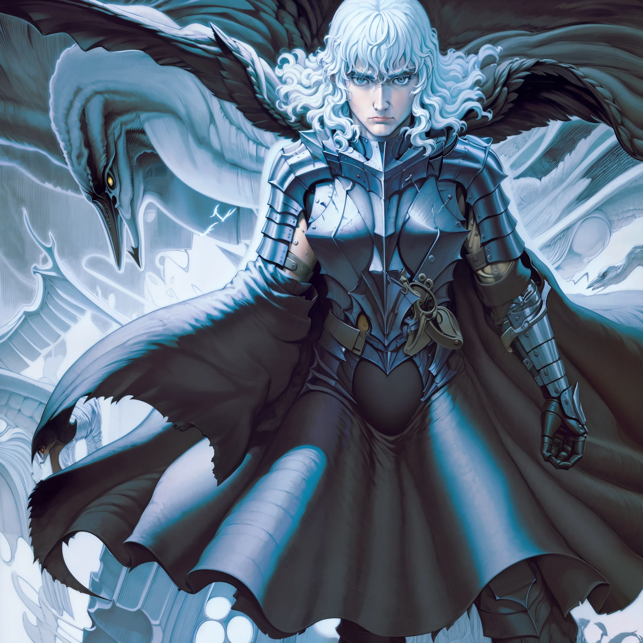 Griffith de Berserk, retrato realista de Griffith com cabelos prateados e olhos azuis intensos, Determined expression, em um ambiente sombrio e misterioso, highlighting its fluttering white cape and the presence of crows all around.