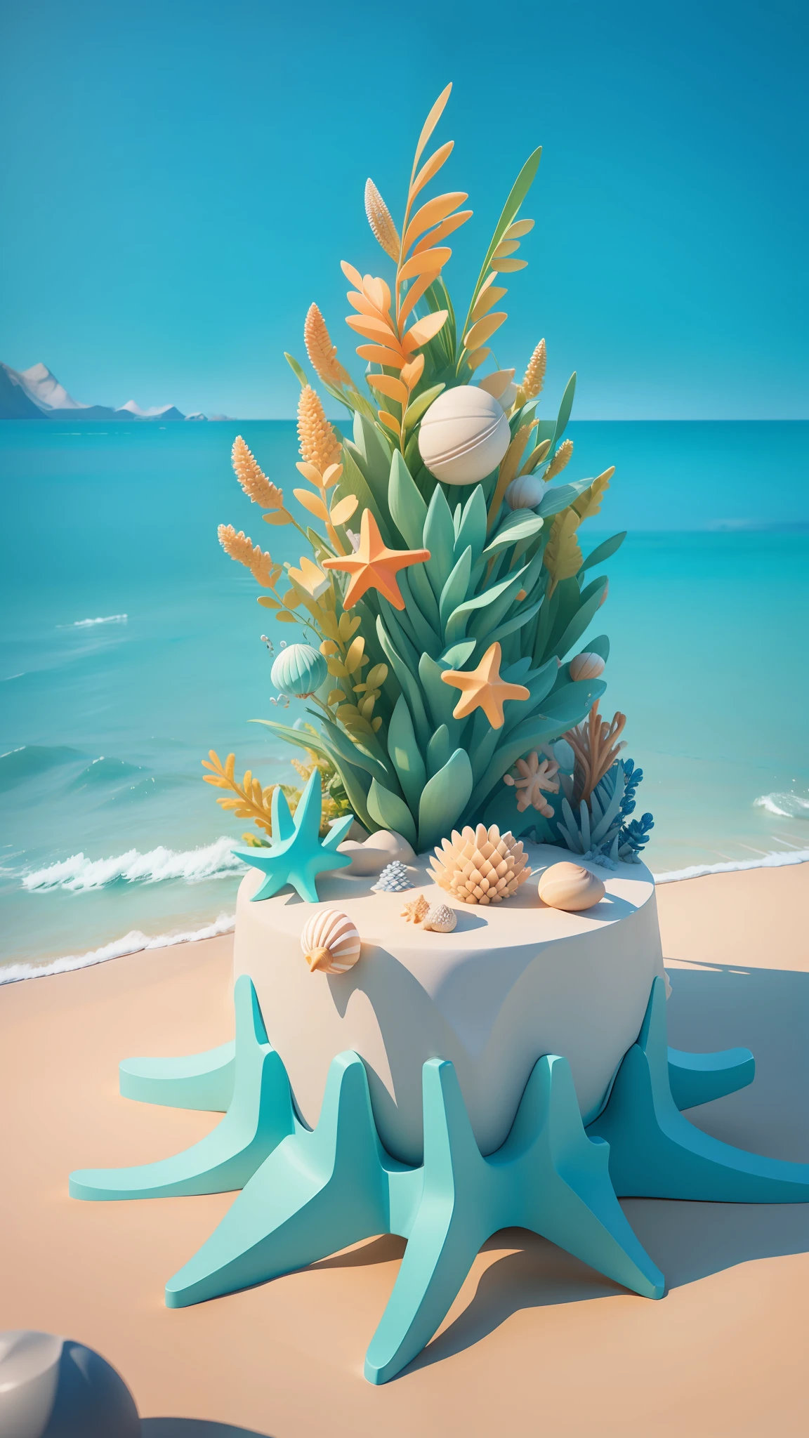 Beach Ocean, Seashells, Starfish, Summer Freshness, 3 D Render Stylized, Stylized 3D Rendering, Stylized to 3D Rendering, Rolands Zilvinski 3D Rendered Art, 3D Stylized Scenes, Relaxation Concept Art, Stylized Concept Art, (Octane Rendering) Fantasy Style, Stylized 3 D