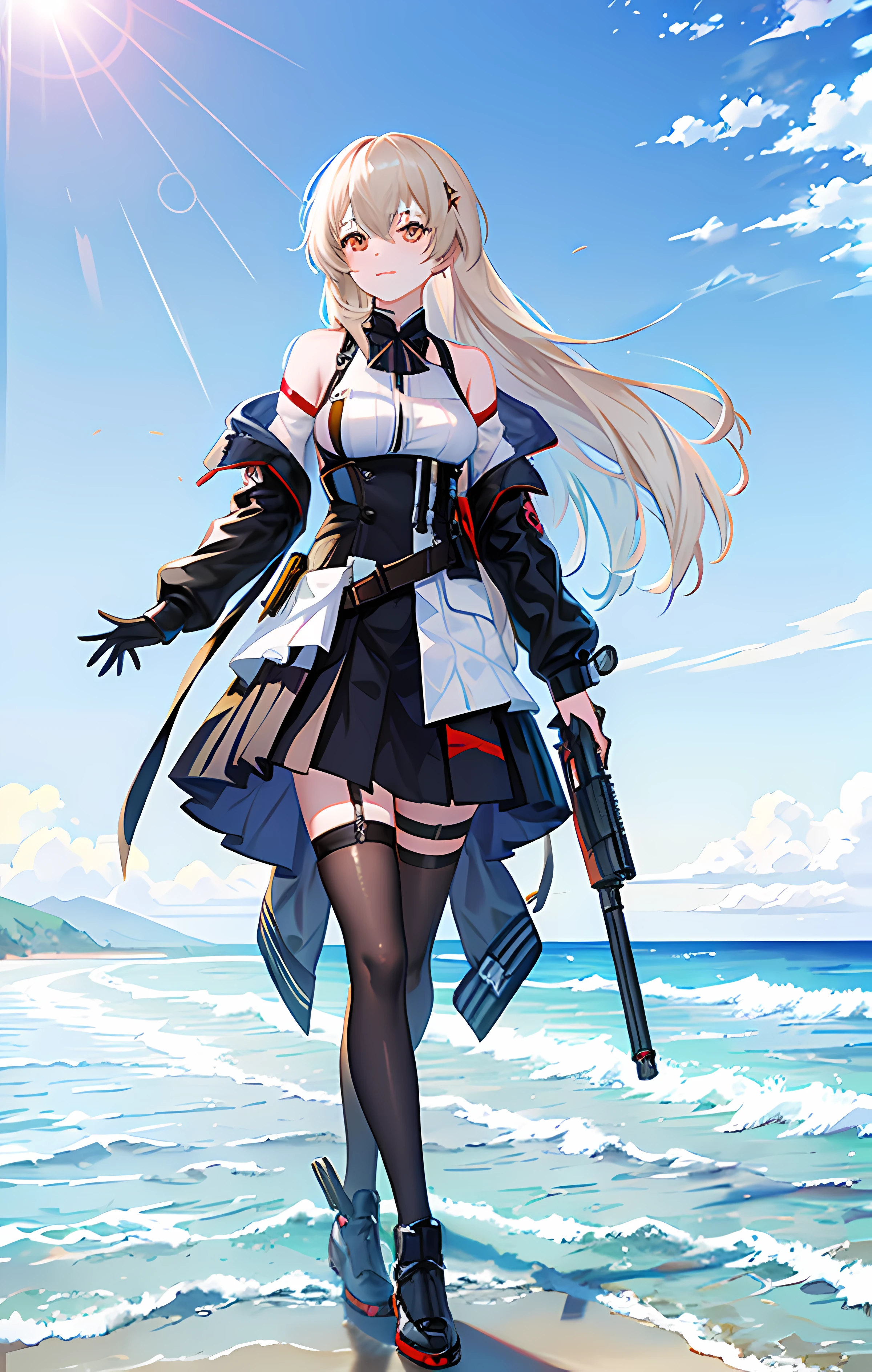 Anime girl with gun and dress, m4 sopmod ii girls frontline, girls frontline style, from girls frontline, Fine details. Girl front, Girls Frontline CG, girls frontline universe, azur lane style, Kushatt Krenz Key Art Women, mechanized soldier girl, Girl front, A scene from the《azur lane》videogame, violet battlefield theme,On the sandy beach,ocean water,Skysky,Sunshine