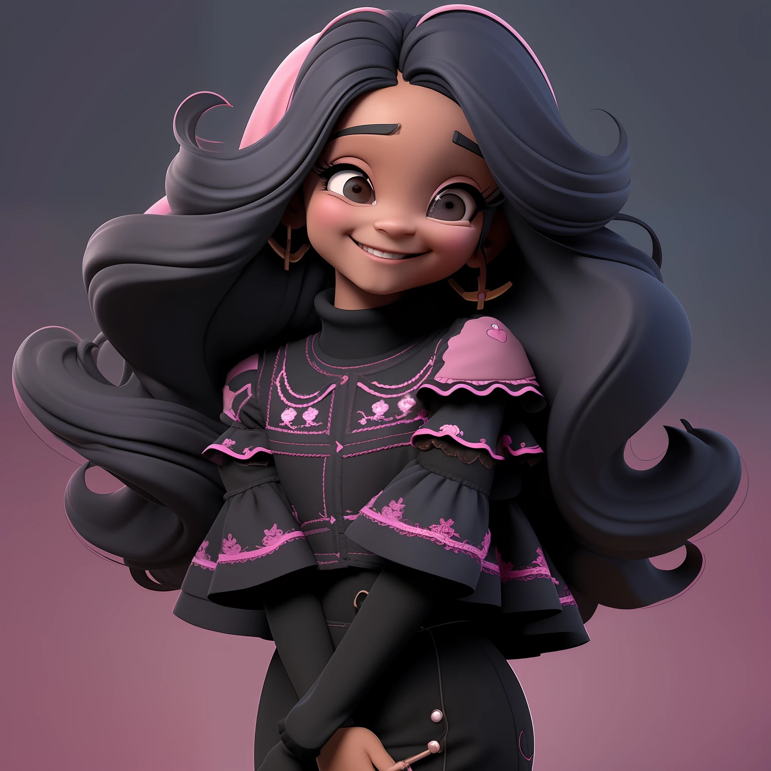 1menina, cabelo longo, olhos azuis, sorrindo, brincos, joias, solo, saia, olhando para o espectador, cabelo rosa e preto, sorriso, cabelo muito longo, ornamento de cabelo estrela, jaqueta, labia, fundo simples