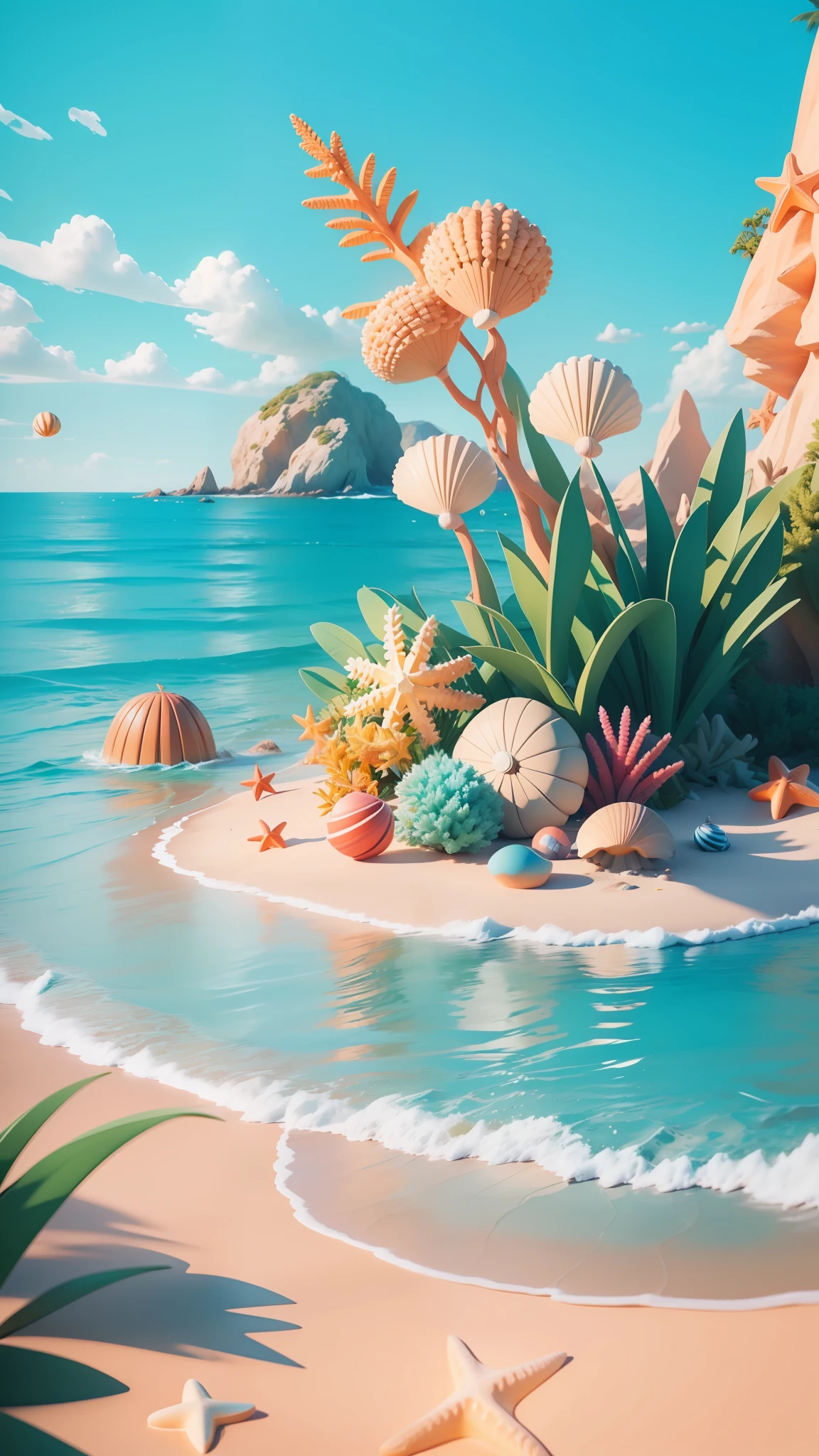 Beach Ocean, Seashells, Starfish, Summer Freshness, 3 D Render Stylized, Stylized 3D Rendering, Stylized to 3D Rendering, Rolands Zilvinski 3D Rendered Art, 3D Stylized Scenes, Relaxation Concept Art, Stylized Concept Art, (Octane Rendering) Fantasy Style, Stylized 3 D