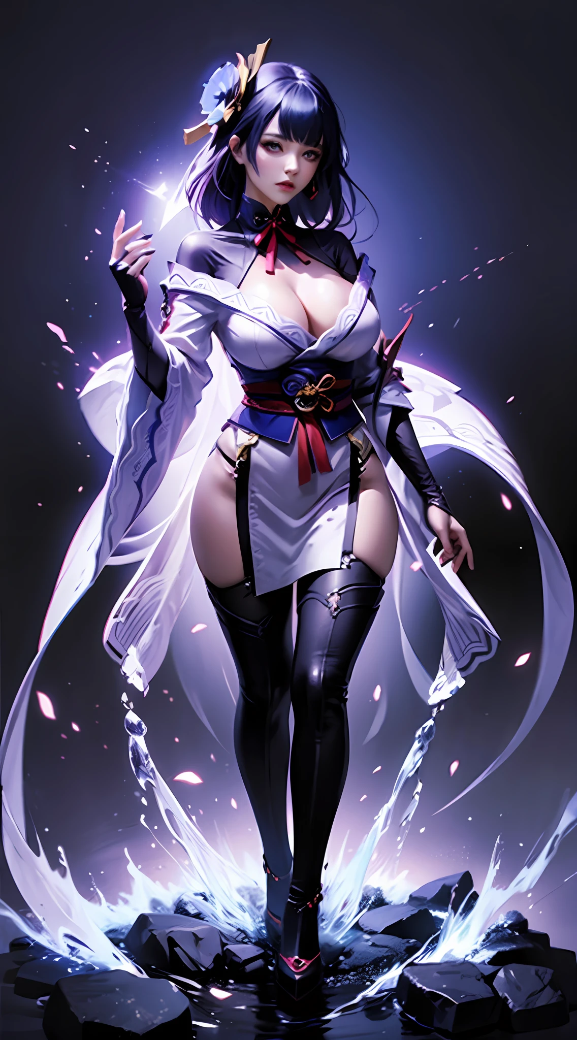 Photorealistic, high resolution, 1 girl, Hips up, Long hair, Beautiful eyes, normal breast, Full body portrait of Raiden General costume，drenched all over the body，gossamer，sexyposture