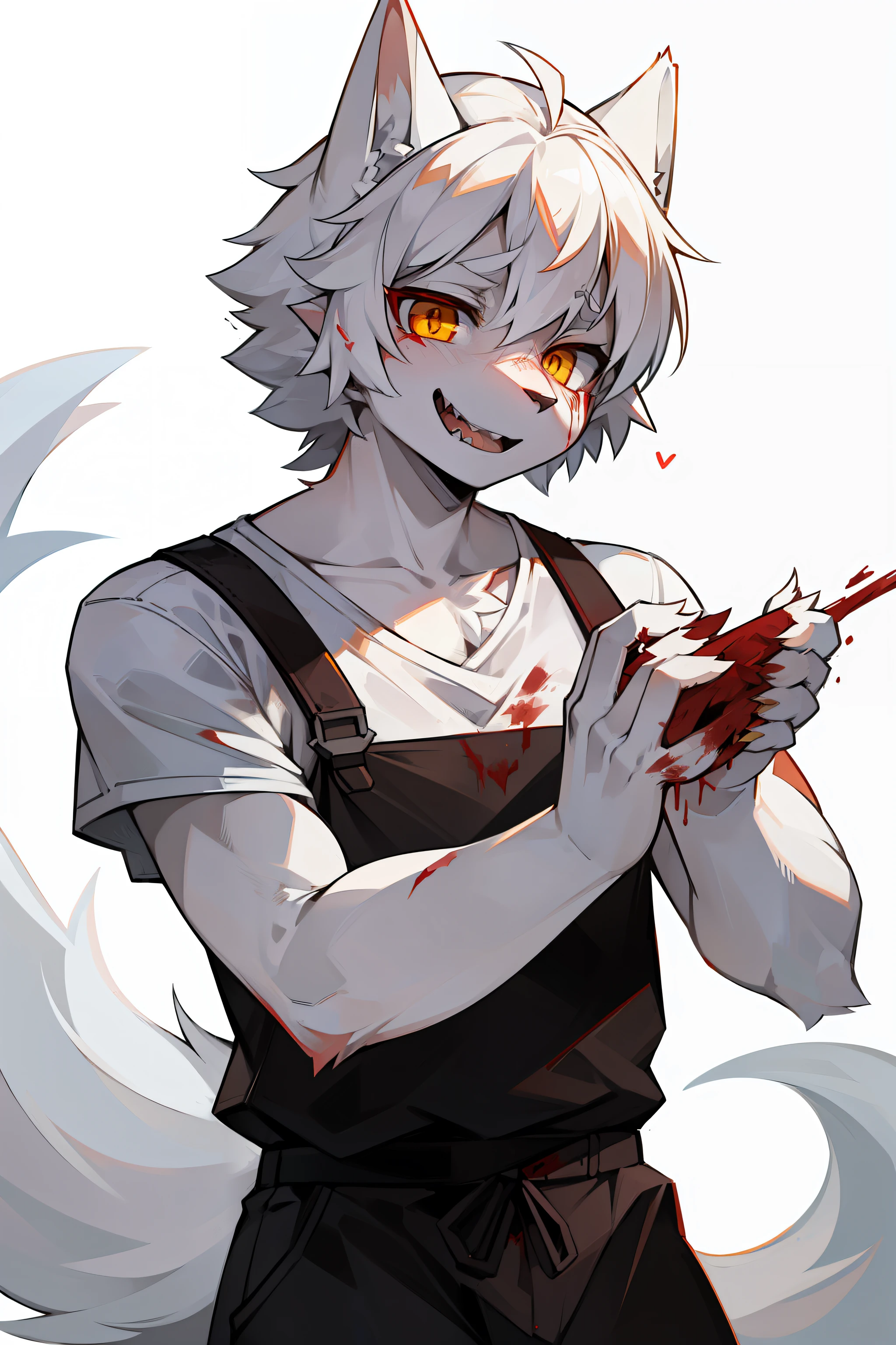 terroral，blood vess，rampage，zombie，Blood on the body，The corners of his mouth were stained with blood，solo person，White body，White ears，White hair，White fur，Overall white，Orange-yellow eyes，Wolf tail，Wolf orcs，young，Wear a short-sleeved shirt，Ultra-clear screen，Soft lines