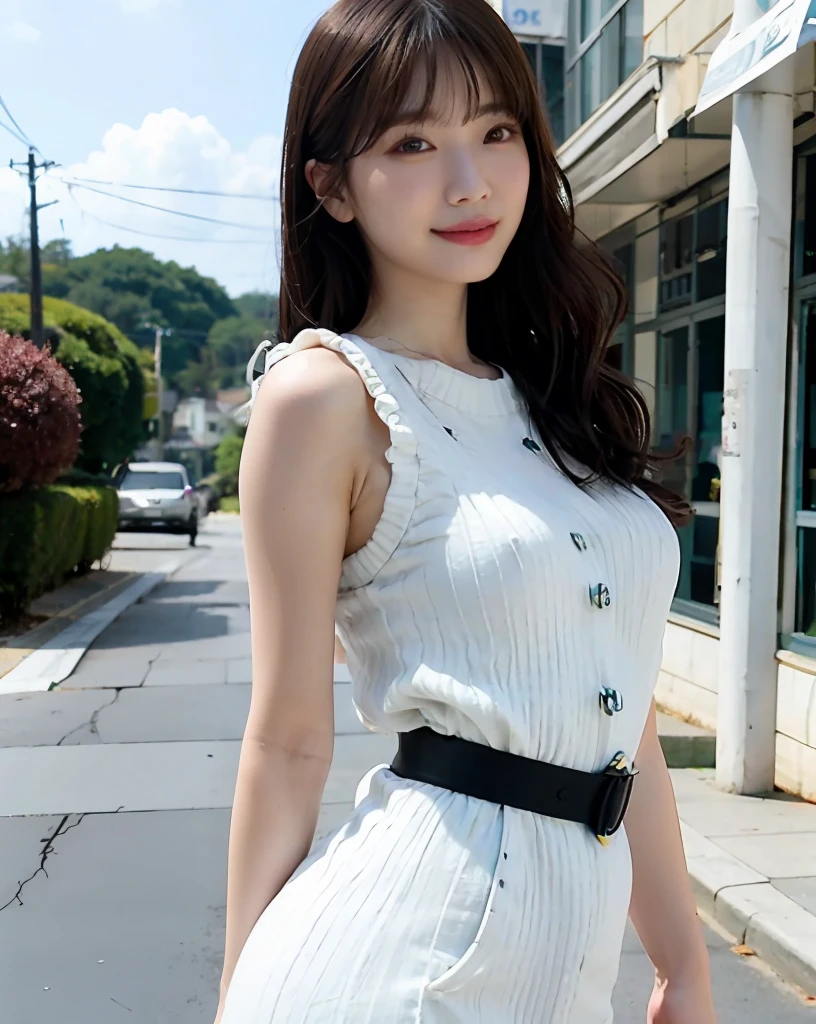 Woman Standing On Street Corner、top-quality、 1 a person、middlebreasts、tag、blur backgroun、Slender Line、bokeh dof、outside of house、(Street:0.8)、(a person々、Large crowds:1)、Sleeveless knitwear、one piece dress、a gorgeous(long hair up to the waist:1.4、Floating hair、Forehead:0.8)、Beautiful sky with details、耳Nipple Ring、(dynamicposes:1.2)、 (full body Esbian:1.2)、Soft lighting、the wind、glowy skin、Happy face、Sauce order、A gaze that looks at the viewer、A dark-haired、Glossy hair、sandal、A smile、