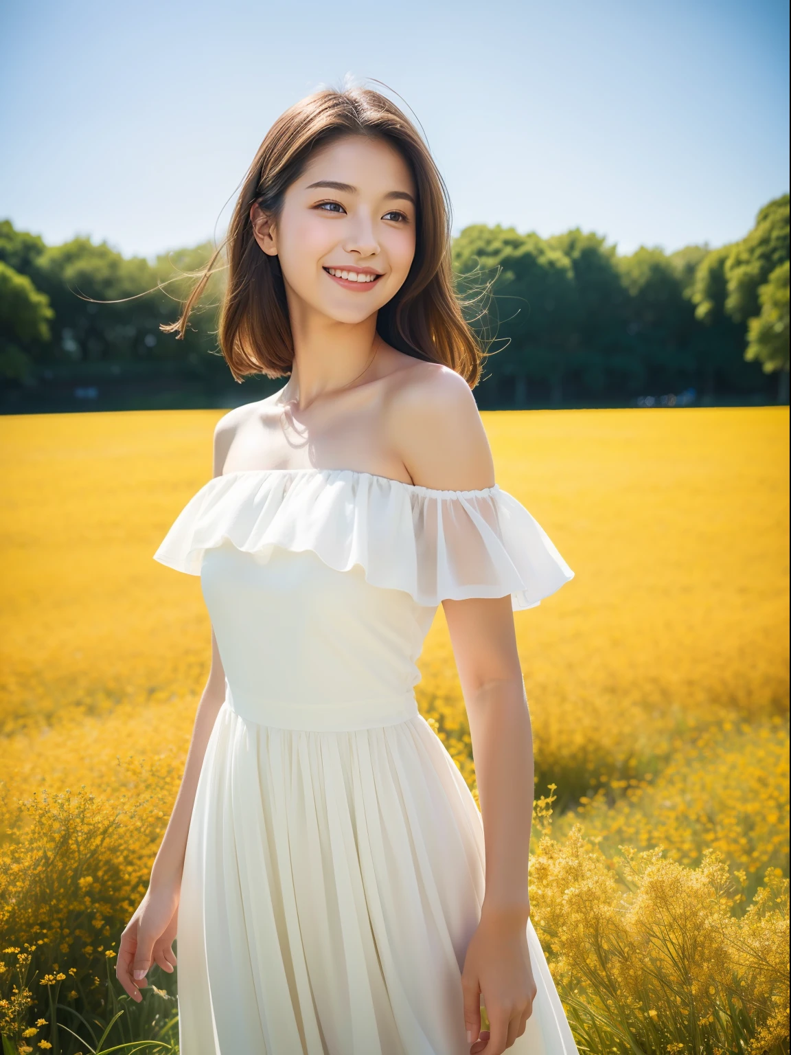 Best quality, masterpiece, ultra high res, (photorealistic:1.4), raw photo, 1girl, white dress, off shoulder, blossom flower field, glowing skin, light smile