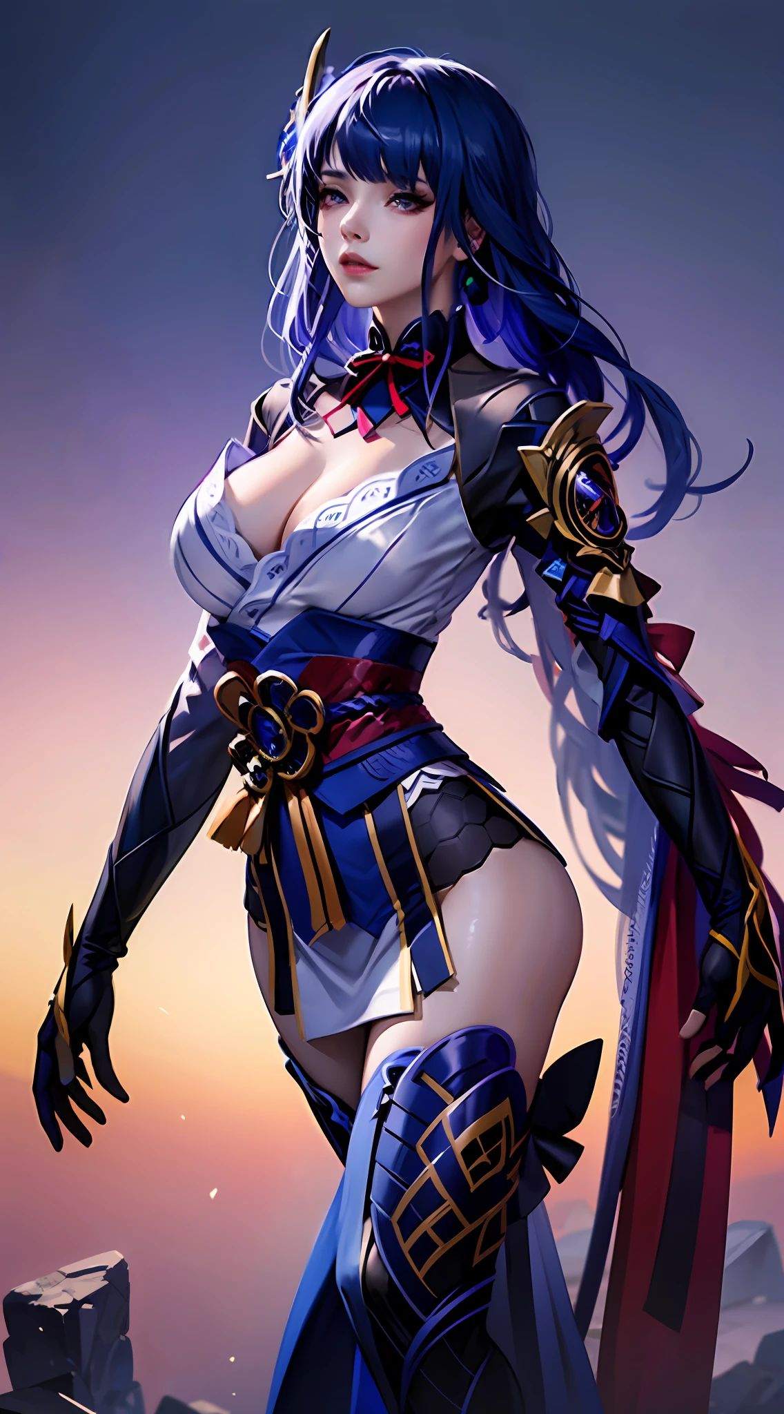 Photorealistic, high resolution, 1 girl, Hips up, Long hair, Beautiful eyes, normal breast, Raiden General costume,Figure,drenched all over the body,gossamer,sexyposture