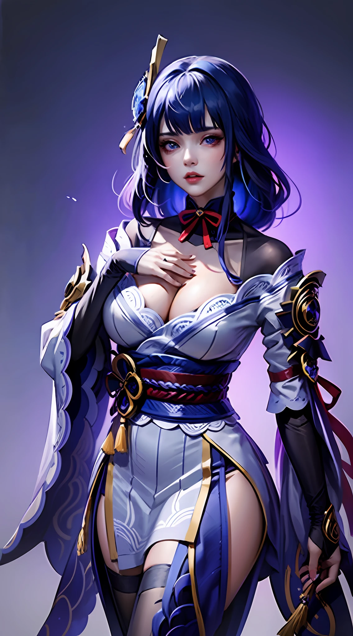 Photorealistic, high resolution, 1 girl, Hips up, Long hair, Beautiful eyes, normal breast, Raiden General costume,Figure,drenched all over the body,gossamer,sexyposture