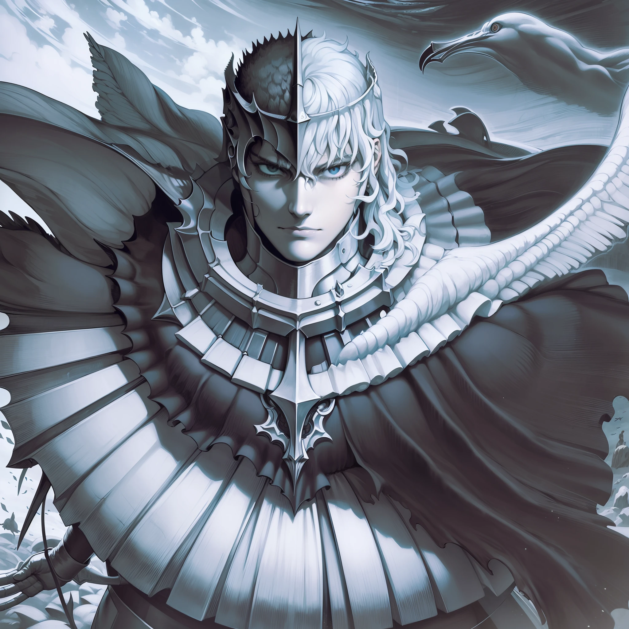 Griffith de Berserk, retrato realista de Griffith com cabelos prateados e olhos azuis intensos, Determined expression, em um ambiente sombrio e misterioso, highlighting its fluttering white cape and the presence of crows all around.