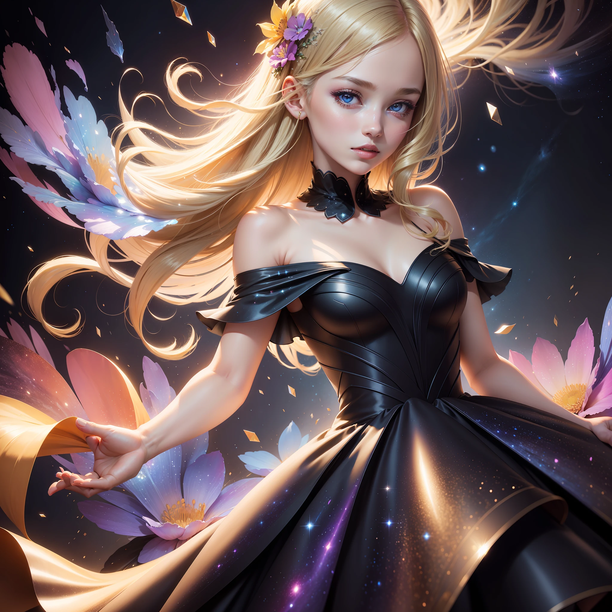 (best quality, masterpiece), 1girl, galaxy, glitter, dress, particle, wind, flower, upper body, dark simple background, looking at viewer, blonde,