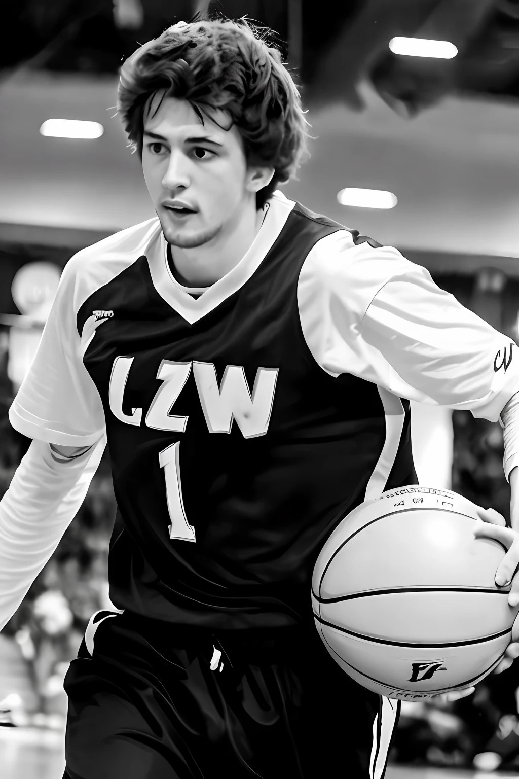 Young man playing basketball in black and white pants