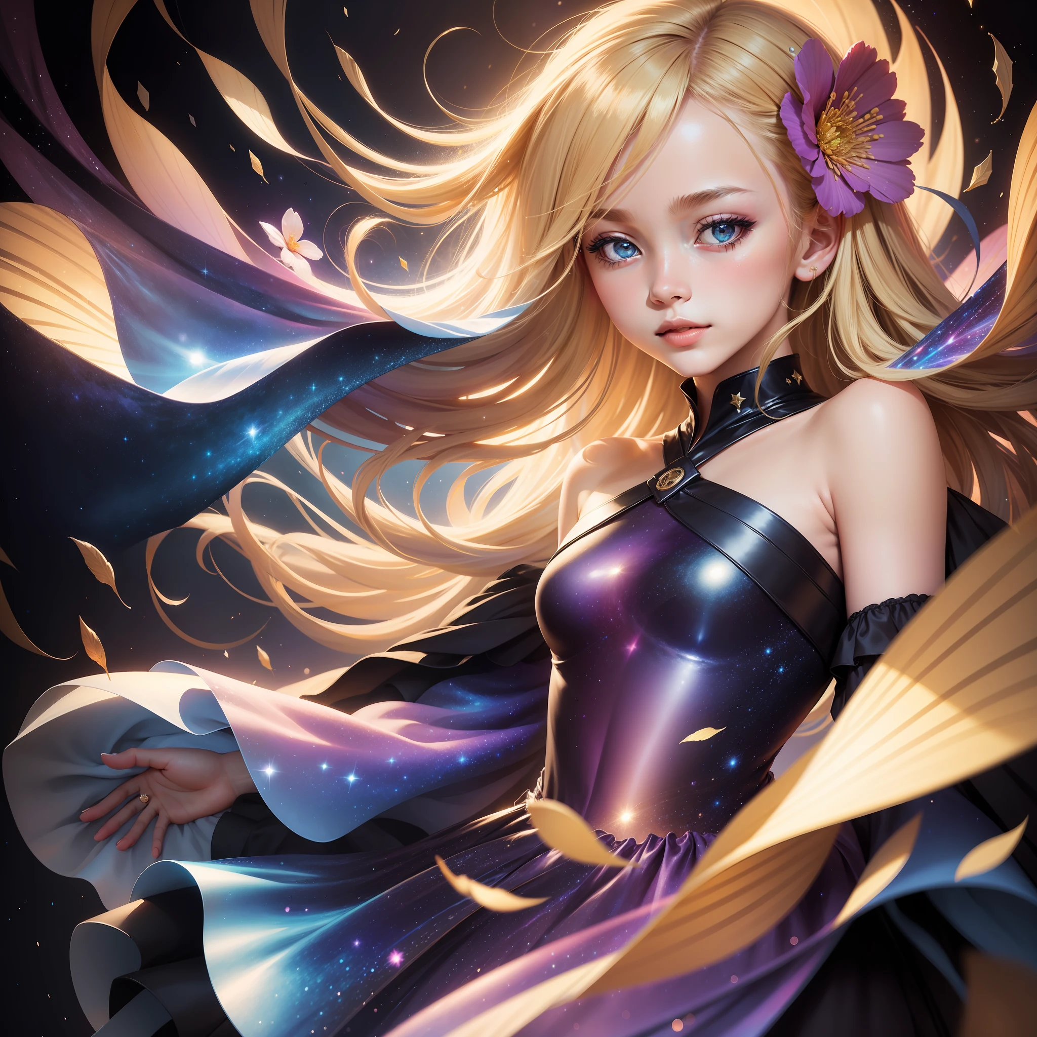 (best quality, masterpiece), 1girl, galaxy, glitter, dress, particle, wind, flower, upper body, dark simple background, looking at viewer, blonde,