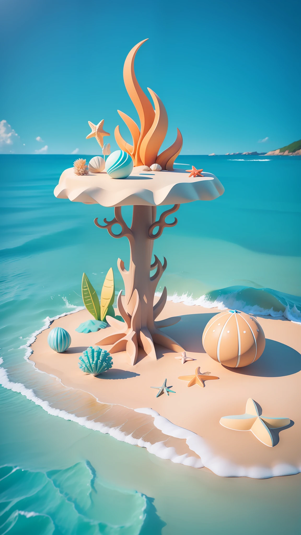 Beach Ocean, Seashells, Starfish, Summer Freshness, 3 D Render Stylized, Stylized 3D Rendering, Stylized to 3D Rendering, Rolands Zilvinski 3D Rendered Art, 3D Stylized Scenes, Relaxation Concept Art, Stylized Concept Art, (Octane Rendering) Fantasy Style, Stylized 3 D