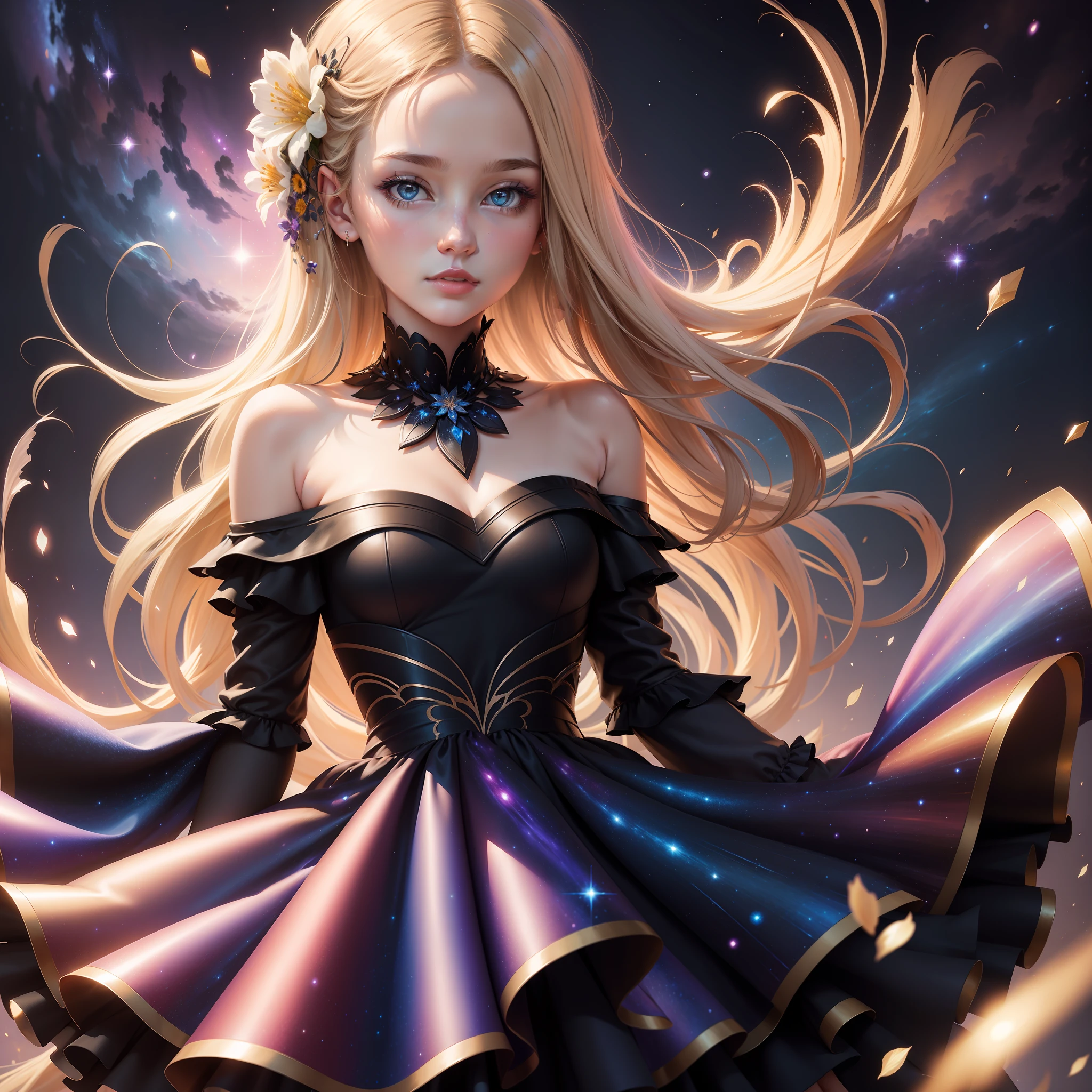 (best quality, masterpiece), 1girl, galaxy, glitter, dress, particle, wind, flower, upper body, dark simple background, looking at viewer, blonde,