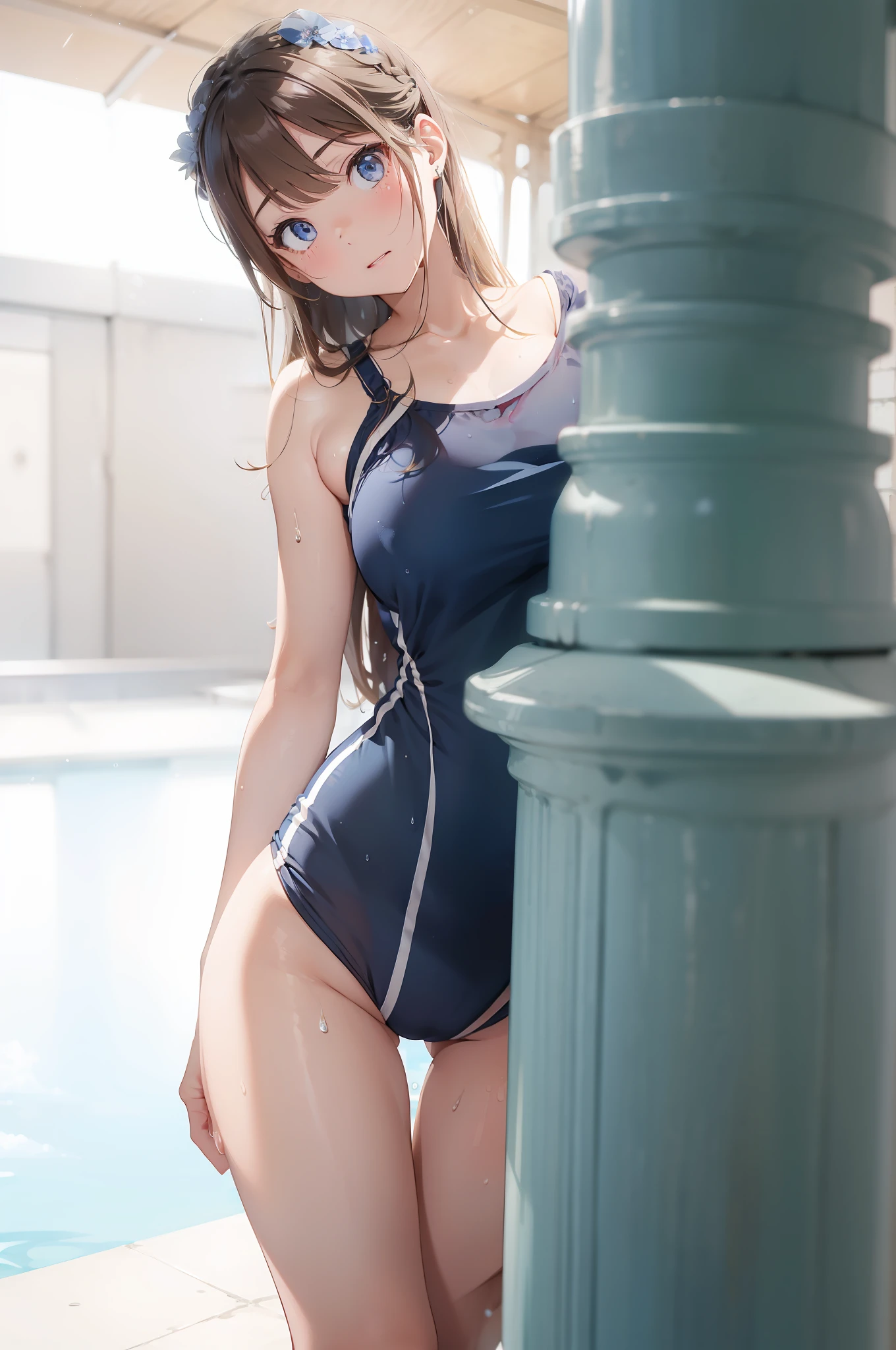 ((top-quality))、((masterpiece))、girl with、Formal-up、a blond、Blue eyes、gals、beautiful detailed eyes and face、pretty skin、Realistic、a very cute、18year old、School swim wear(Dark blue color、piping、Simple design、Matte texture、Wrinkle、Wet、Polyester material、shadings、)Wet body、Anime Face、Beautie、Facing the front、big eye(Beautiful fece、Anime Face、Clear eyes、Fine details、beautidful eyes)Well-formed face(Beautiful nasal muscles、Perplexed、sharp mouth)full of sweat、sodden、Wet feeling、Background with(sunny sky、takeout)、8K picture quality、perfectly proportions、A slender、red blush、female focus on, hair adornments,length hair, Look at viewers,pissing、お漏らし、pee、getting wet