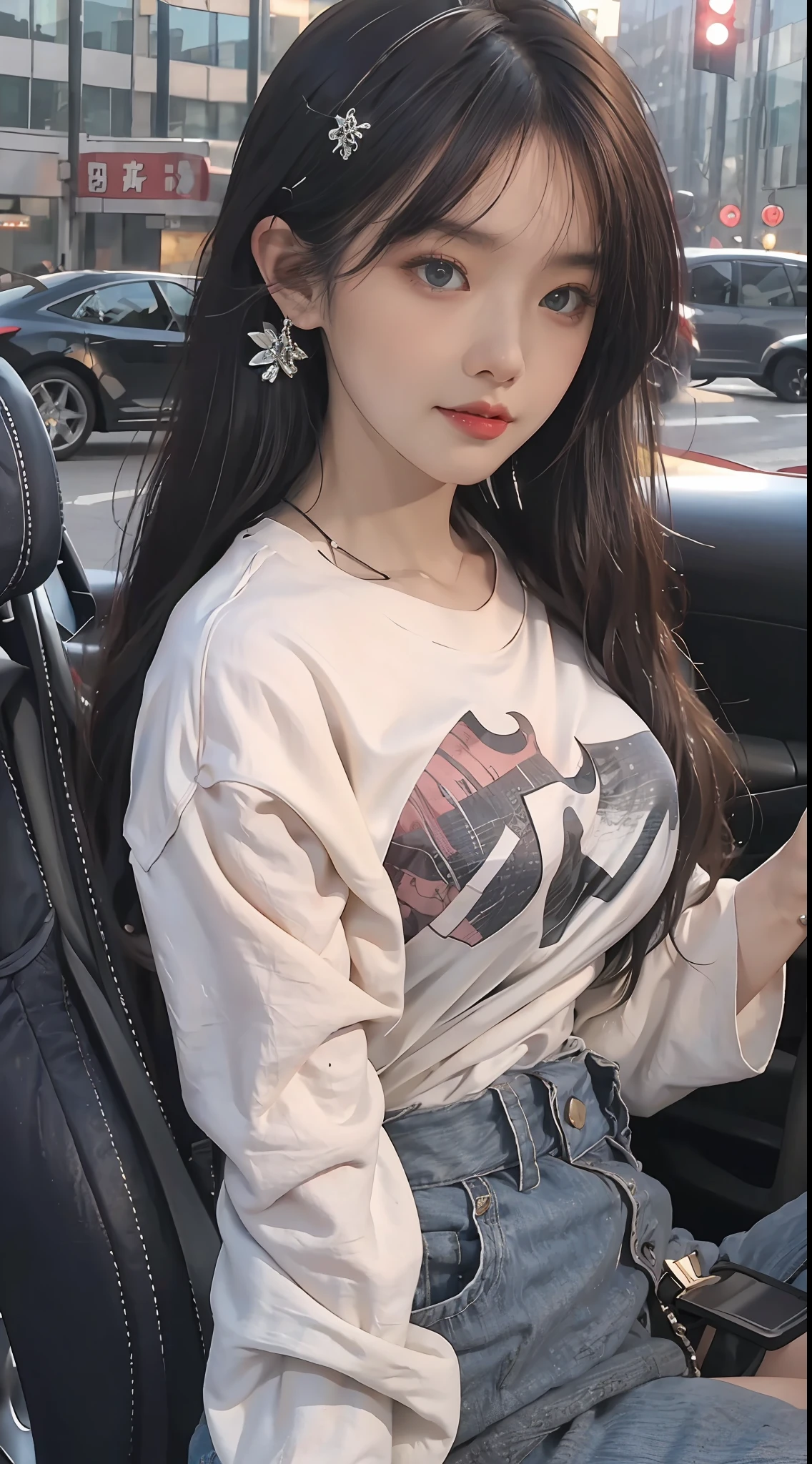 best qualtiy,tmasterpiece,8K ultra-high resolution,(realisticlying:1.2),RAW photogr,(Evening street),1个Giant Breast Girl,黑The eye,looking at viewert,long whitr hair,Light makeup,cparted lips,tiny ears,whitet-shirt,denim short,耳Nipple Ring,Sit in Ferrari,Bigchest,Slim