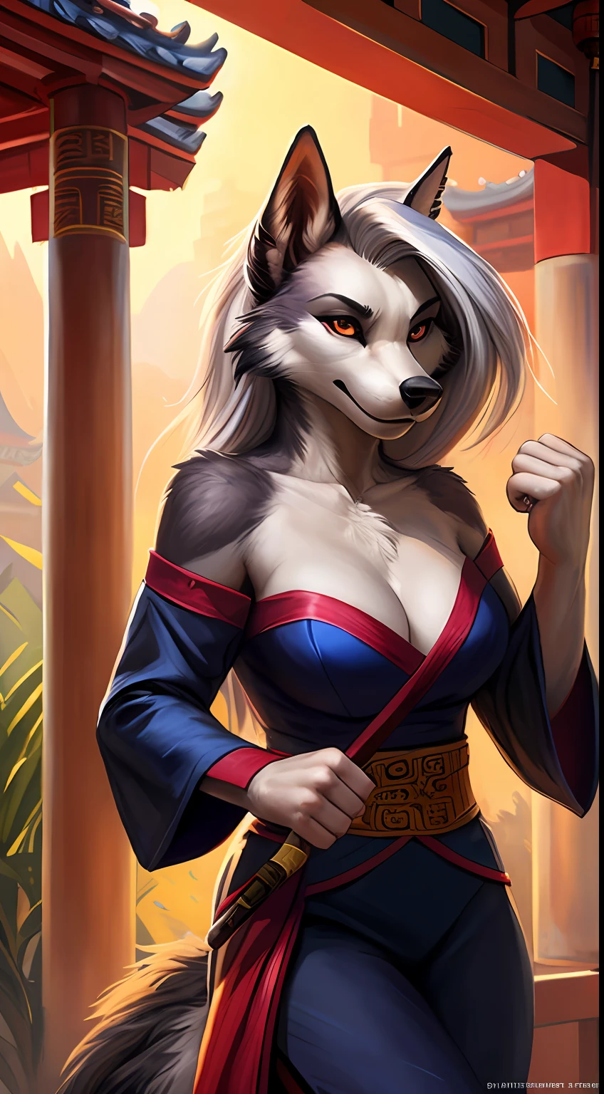 uploaded to e621, raw photo, realistic, anthro, detailed face, detailed fur, high resolution, beautiful and detailed portrait of Helluva Boss, Loona Hellhound, Loona, kenket, Ross Tran,ruan jia, uploaded to e621, zaush, foxovh, cenematic lighting, Chinese temple bl, small breast, whole body, beautiful, more combative face, solo, 1girl, kung fu clothes, fight pose