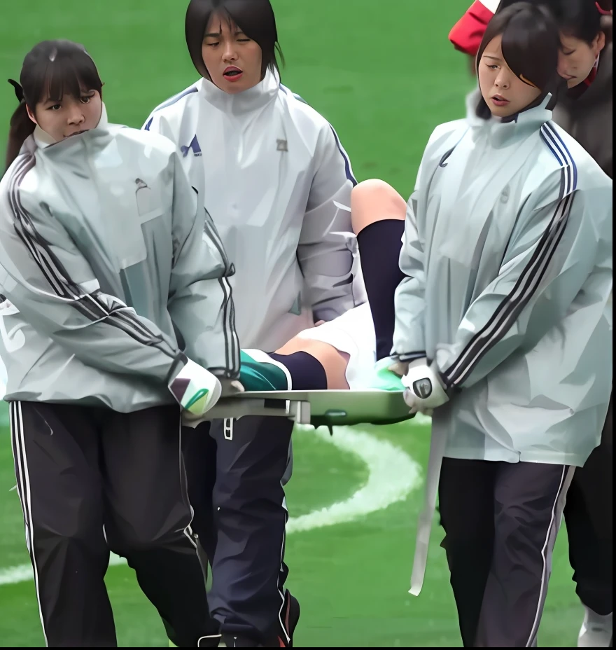 a soccer scene in a chinese sports stadium, rainy weather, wet ground, rainfall, injury scene in a sports stadium, stretcher carry, there are four female medics in wet raincoats who carrying a stretcher, there are four female medics in wet raincoats who are carrying a stretcher in a rainy sports stadium, there is a wounded male soccer player in a matte short cotton sports outfit lying on the stretcher, an injured male soccer player is lying on his back on a stretcher and is rearing up in agony, a soccer player is rearing up in pain while lying on his back on a stretcher, dramatic scene, theatralic posing scene, dramatic pity scene, injury soccer, first aid, help, pity, there are four female medics in shiny raincoats who are looking very sad and very terrified and very shocked, the injured soccer player is screaming out in pain while he is carried from the pitch on a stetcher through the rain
