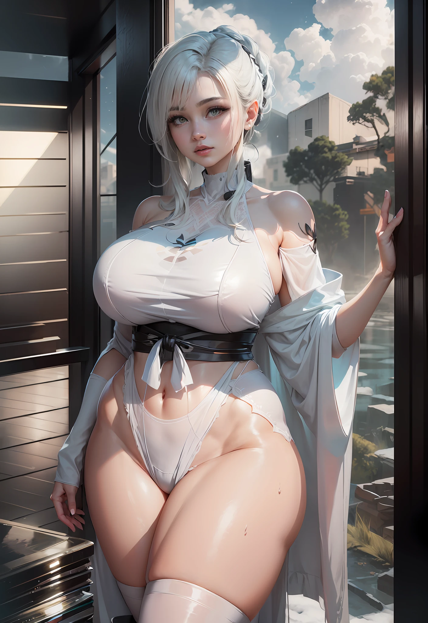 ((best qualtiy)), ((tmasterpiece)), (the detail:1.4), 3D,Front fill light Beautiful cyberpunk female figure,hdr(HighDynamicRange),Ray traching,NVIDIA RTX,Hyper-Resolution,Unreal 5,Subsurface scattering、PBR Texture、post-proces、Anisotropy Filtering、depth of fields、maximum definition and sharpness、Many-Layer Textures、Albedo e mapas Speculares、Surface coloring、Accurate simulation of light-material interactions、perfectly proportions、rendering by octane、Two-colored light、largeaperture、Low ISO、White balance、the rule of thirds、8K raw data、Raised translucent top, Smaller top, Smaller white lace shorts, Raised, Mature feminization, Flattering eyes, White lace translucent top,Flat bare lower abdomen snow-white thigh white lace stockings
